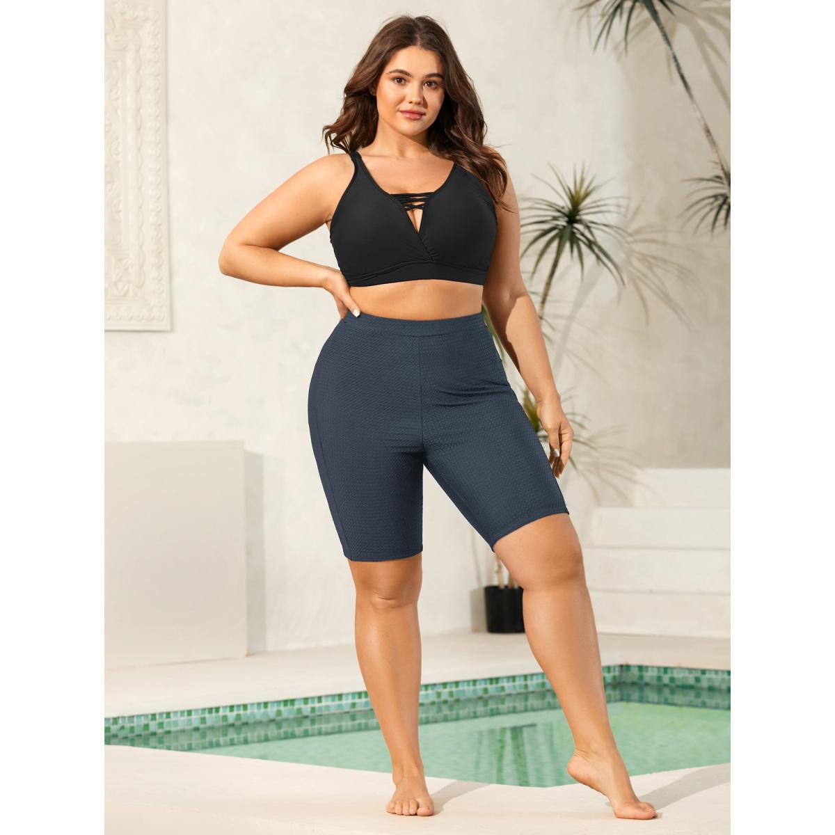Plus Size Textured Side Pockets Sculpting Swim Bottoms Women's Swimwear Indigo Beach Texture High stretch Skinny High Rise Side seam pocket Curve Swim Bottoms BloomChic 28/5X Product Image