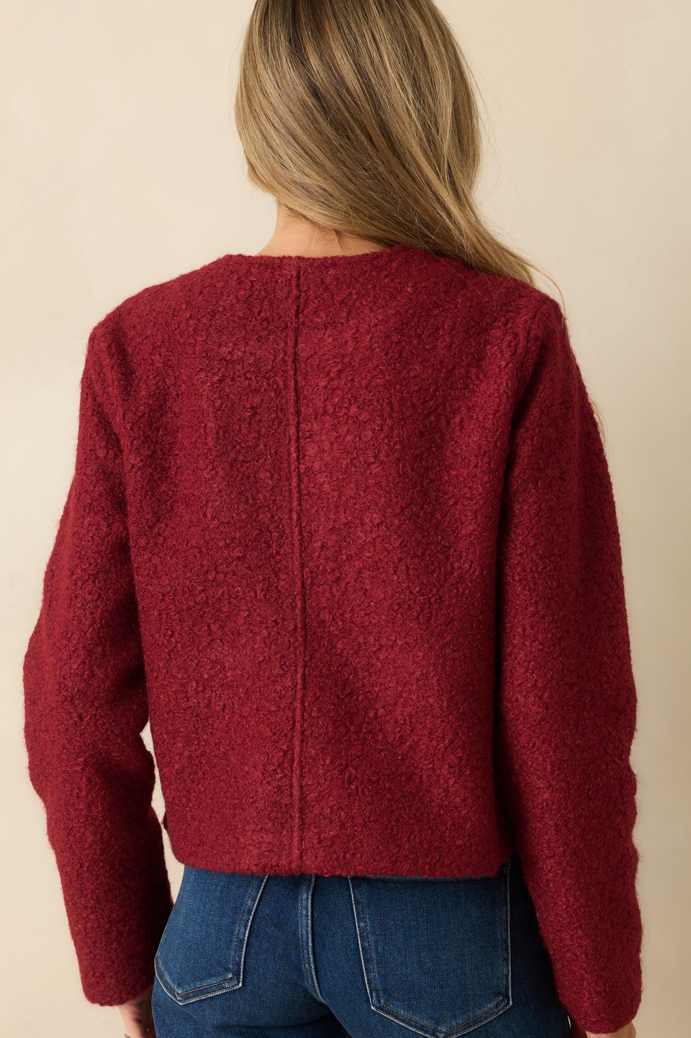 Whispered Warmth Cherry Red Bouclé Button Front Jacket Product Image