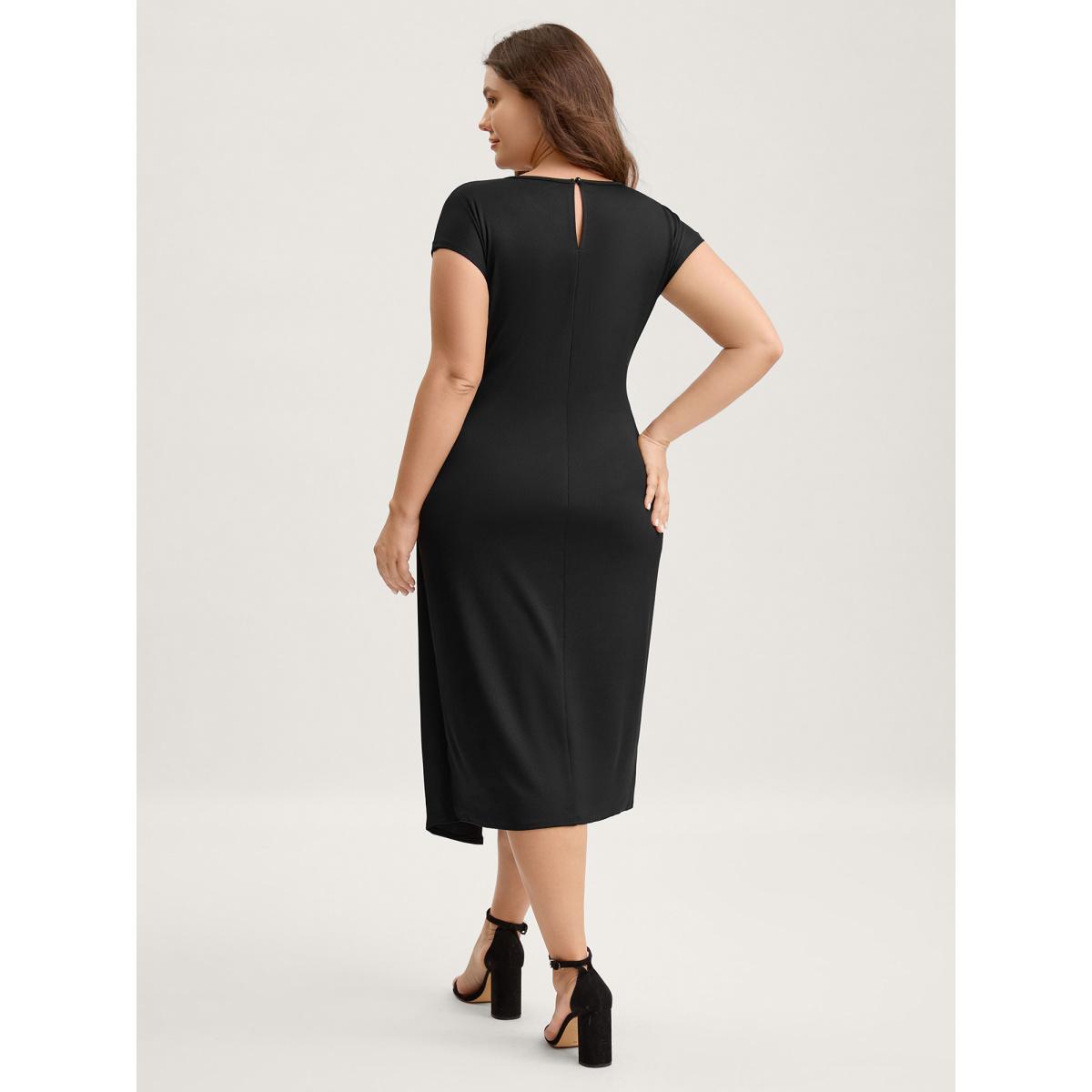 Plus Size Wrap Style Metal Buckle Midi Dress Black Women Round Neck Cap Sleeve Curvy BloomChic 12/L Product Image