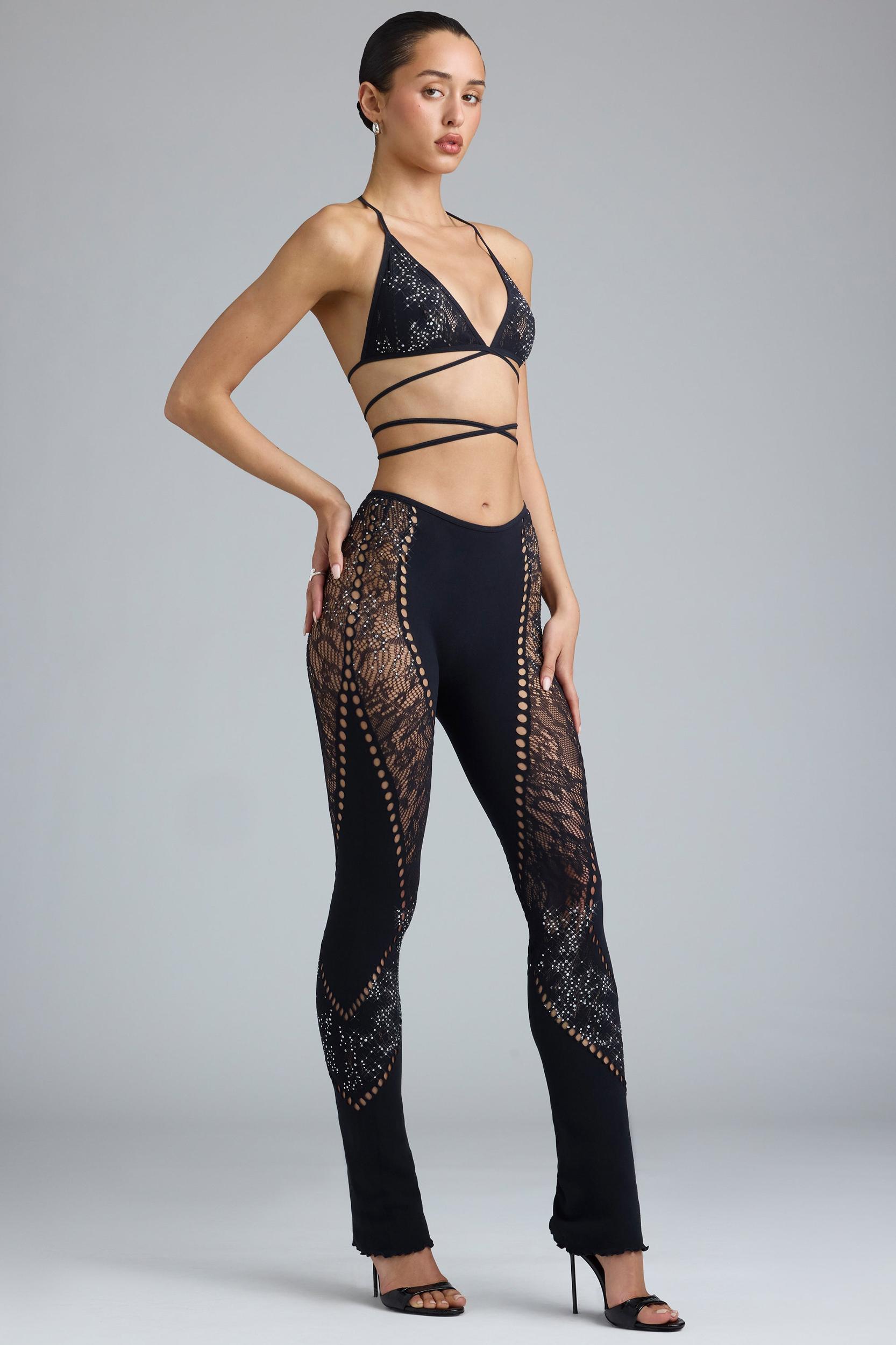 Petite Embellished Mid-Rise Flared Trousers in Black Product Image