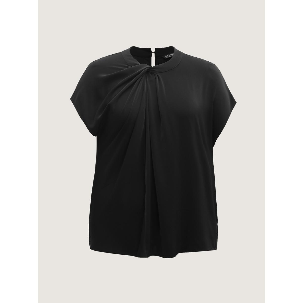 Plus Size Black Solid Twist Neck Slit Blouse Women Cap Sleeve Asymmetrical Neck Work Blouses BloomChic 26/4X Product Image