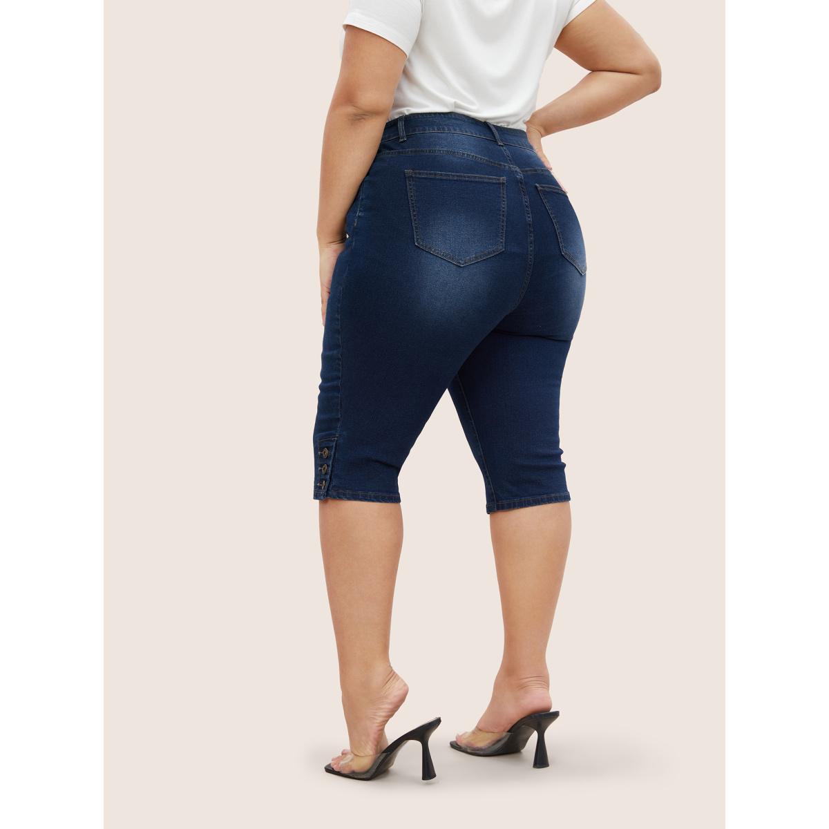 Plus Size High stretch Dark Wash Button Hem Cropped Jeans Women Blue Elegant Button High stretch Slanted pocket Jeans BloomChic 18/2X Product Image