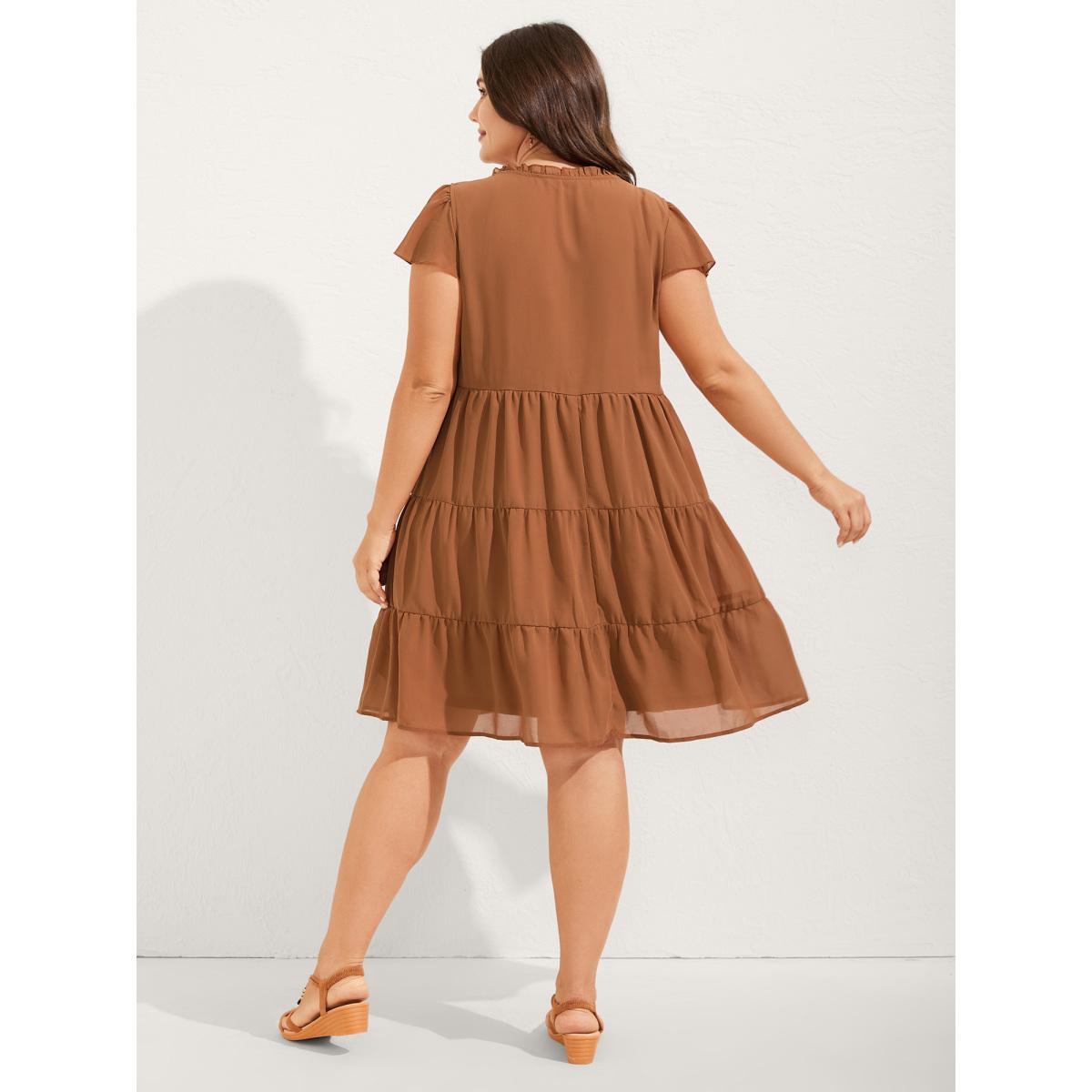 Plus Size Chiffon Floral Embroidered Tiered Midi Dress Bronze Women Boho Embroidered Notched collar Cap Sleeve Curvy BloomChic 10/M Product Image