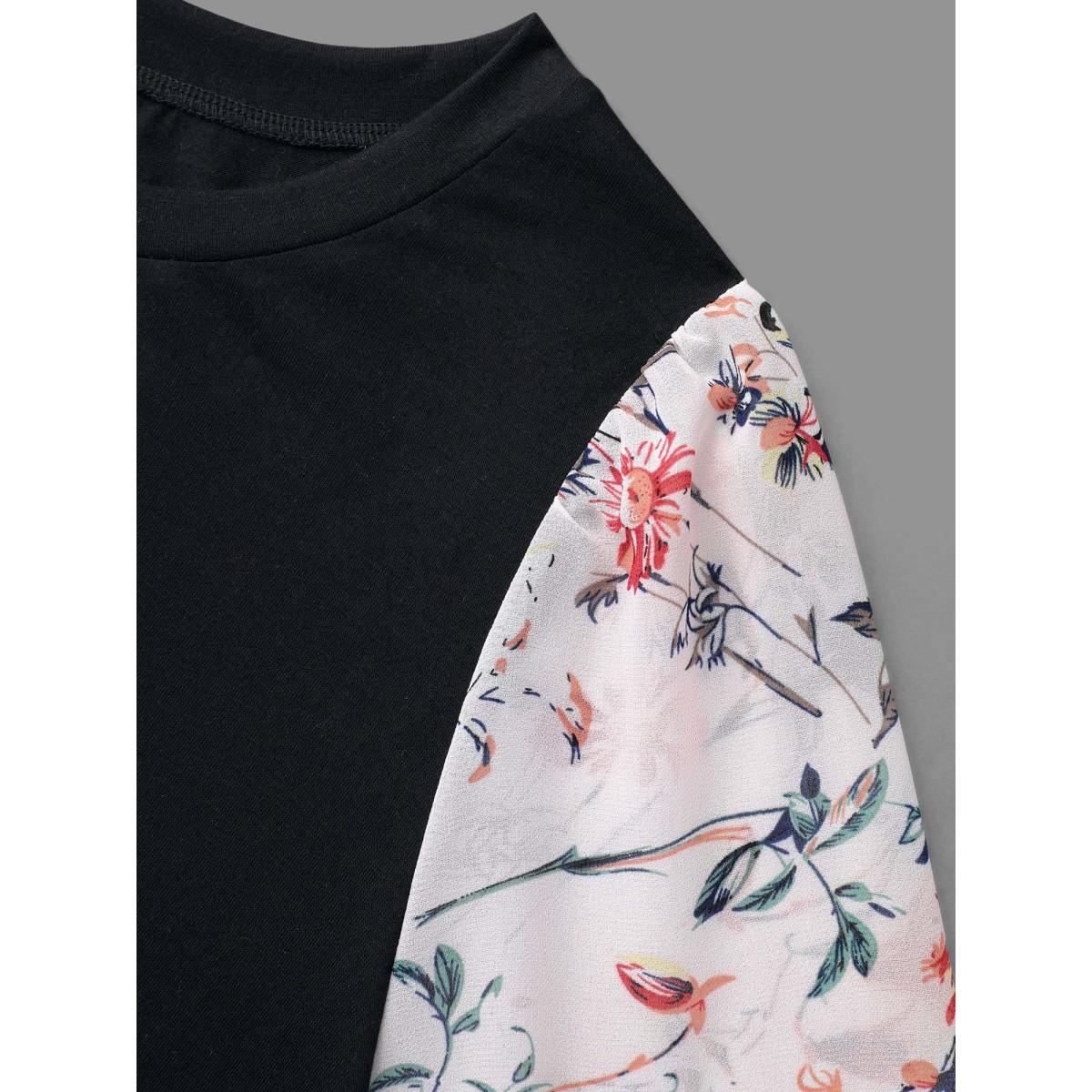 Plus Size Floral Print Patchwork Ruffle Sleeve T-Shirt Black Women Elegant Contrast Round Neck Everyday T-shirts BloomChic 14-16/1X Product Image