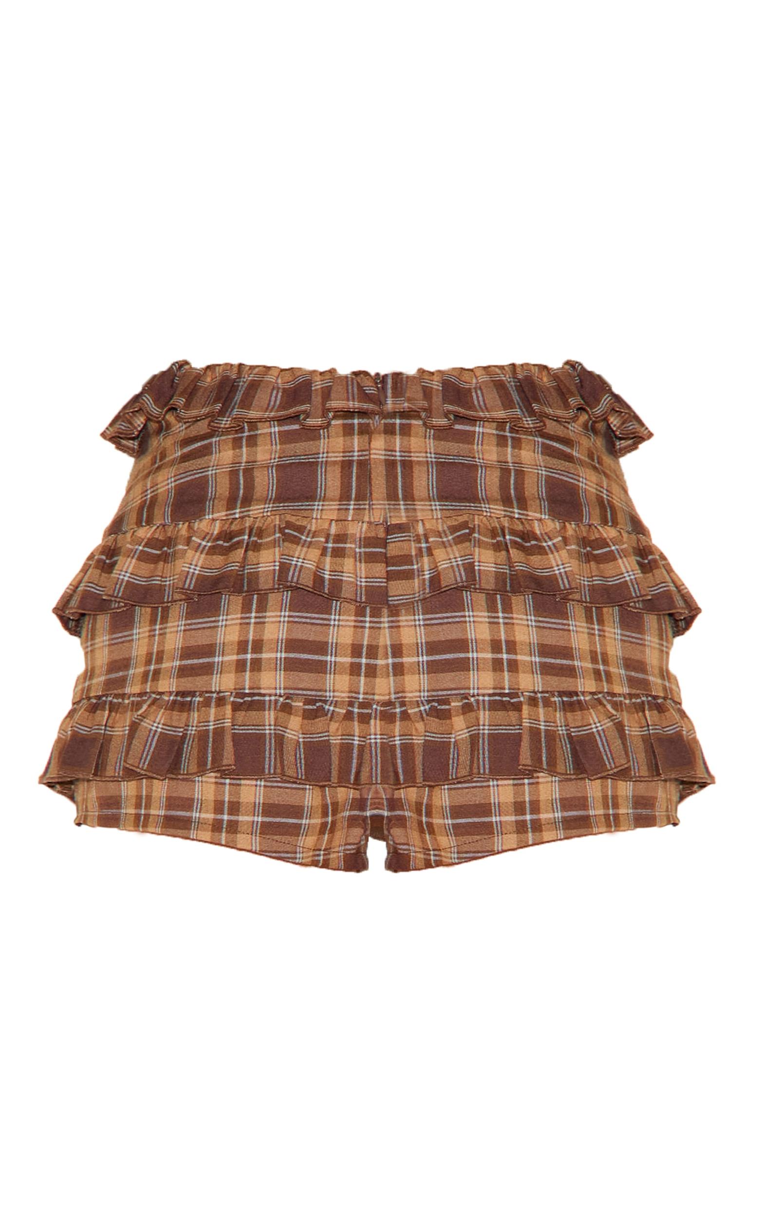 Brown Gingham Woven Frill Bloomer Shorts Product Image