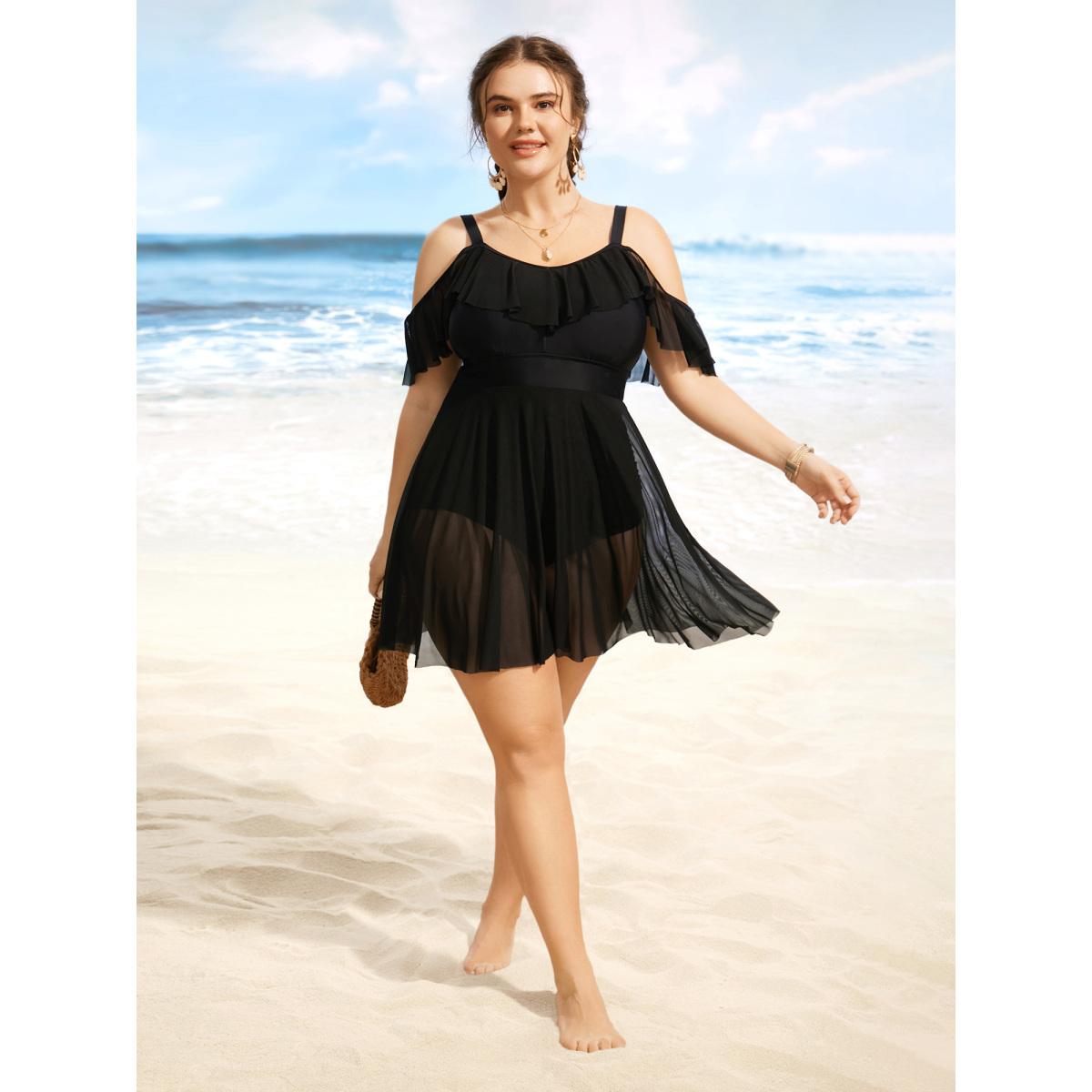 Plus Size Solid Ruffle Trim Patchwork Mesh Swim Dress Women's Swimwear Black Beach Bodycon Heart neckline High stretch Curve Swim Dresses BloomChic 26/4X Product Image