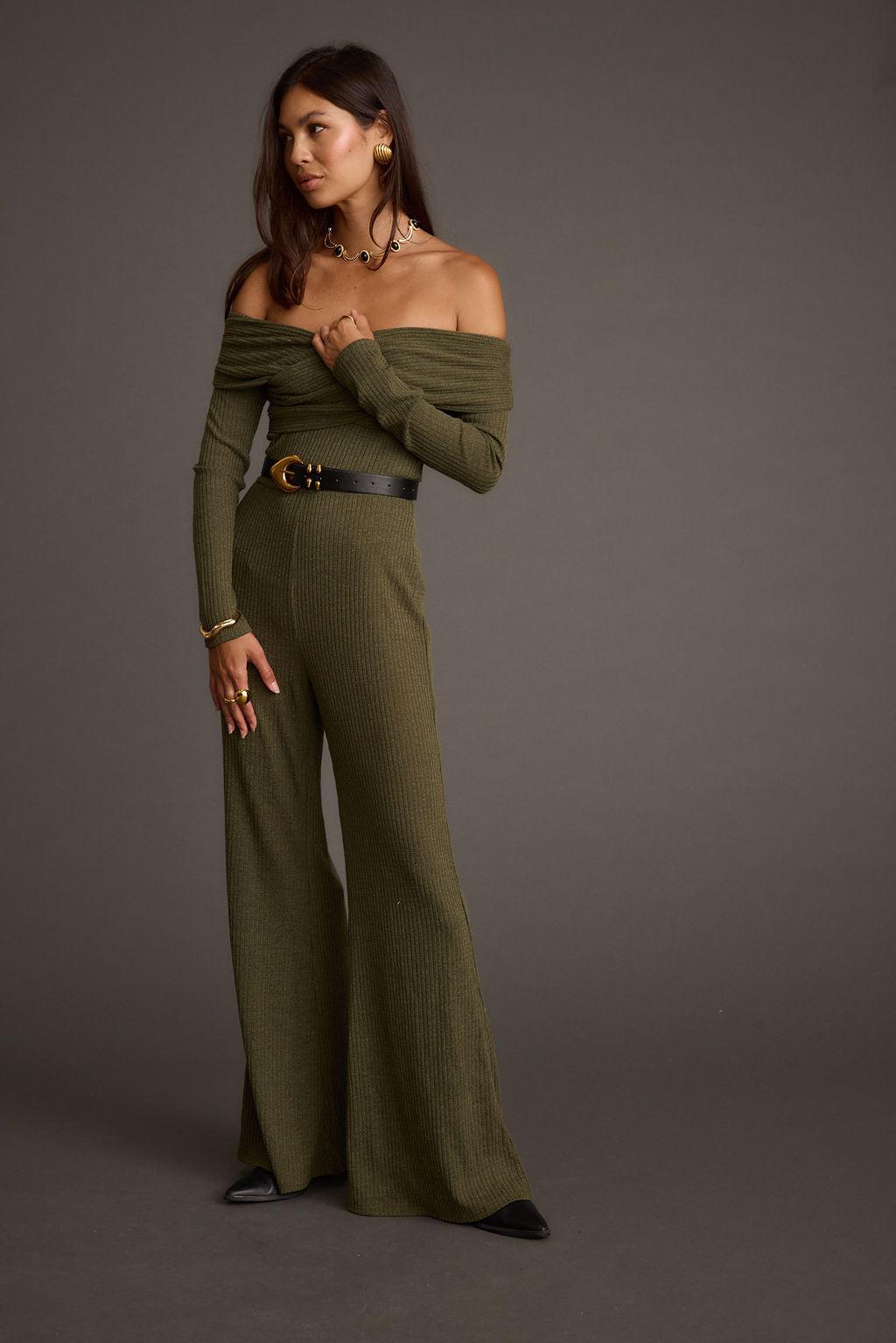 Greenwich Olive Knit Off The Shoulder Jumpsuit Product Image