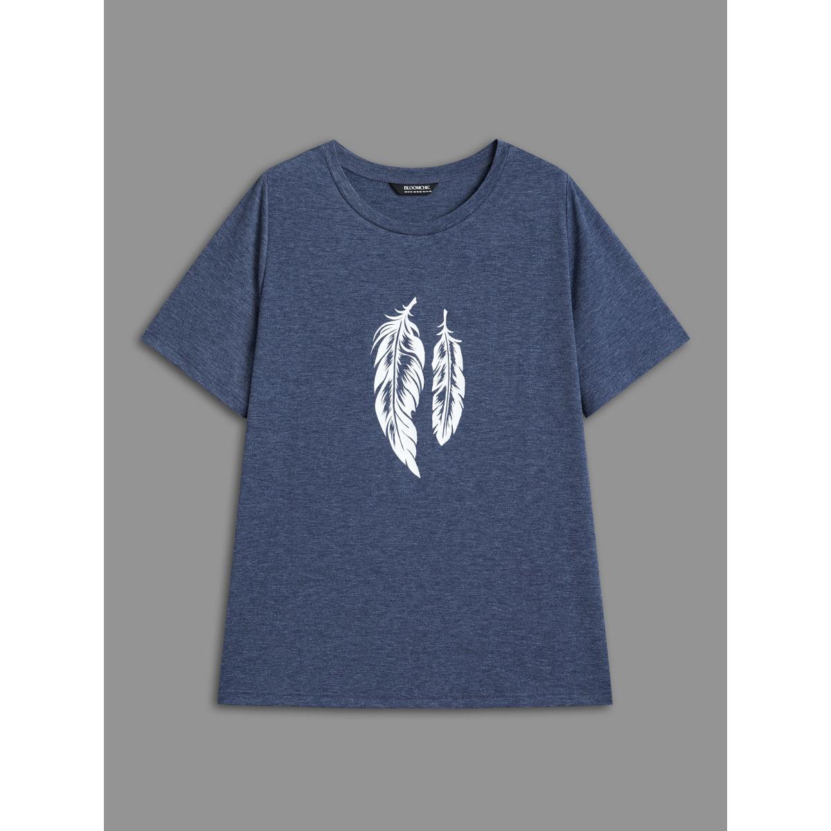 Plus Size Round Neck Feather Pattern T-Shirt Indigo Women Casual Non Art&design Round Neck Everyday T-shirts BloomChic 30/6X Product Image