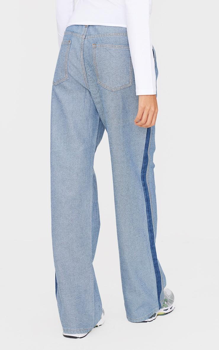 Mid Blue Wash Contrast Panel Denim Straight Leg Jeans Product Image