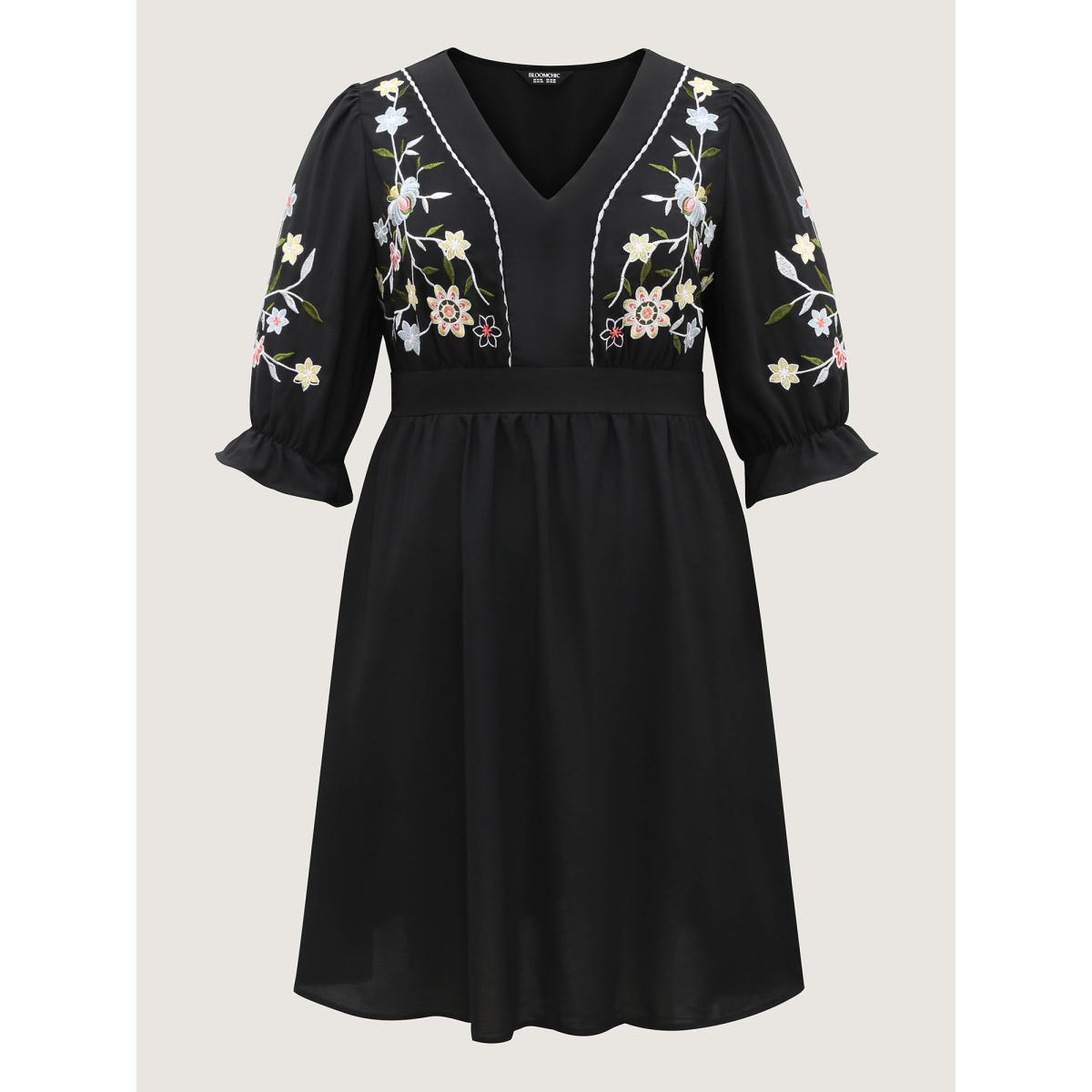 Plus Size Floral Embroidered V-Neck Pockets Knee Dress Black Women Boho V-neck Elbow-length sleeve Curvy BloomChic 18-20/2X Product Image