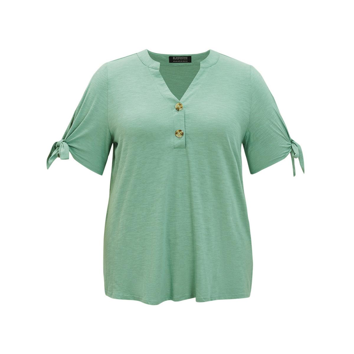 Plus Size Solid Button Up Notched Knot Sleeve Cut Out T-shirt Mint Women Casual Heather Plain Notched collar Dailywear T-shirts BloomChic 22-24/3X Product Image