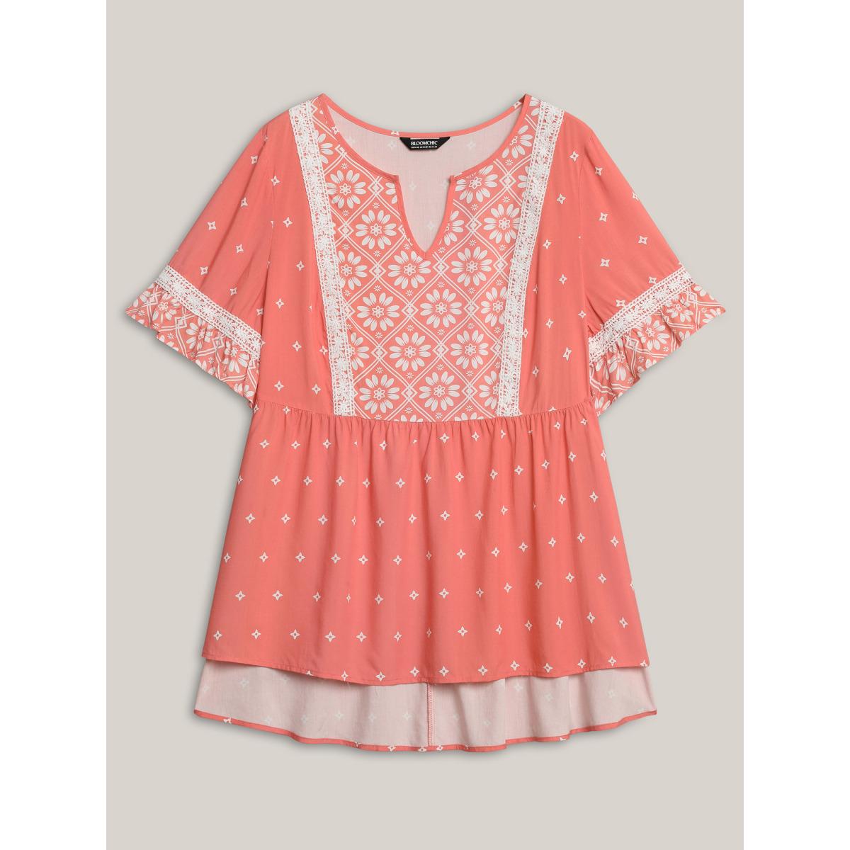 Plus Size OrangeRed Boho Print Lace Babydoll Top Women Half Sleeve Flat collar with V-notch Everyday-Elegant Blouses BloomChic 10/M Product Image