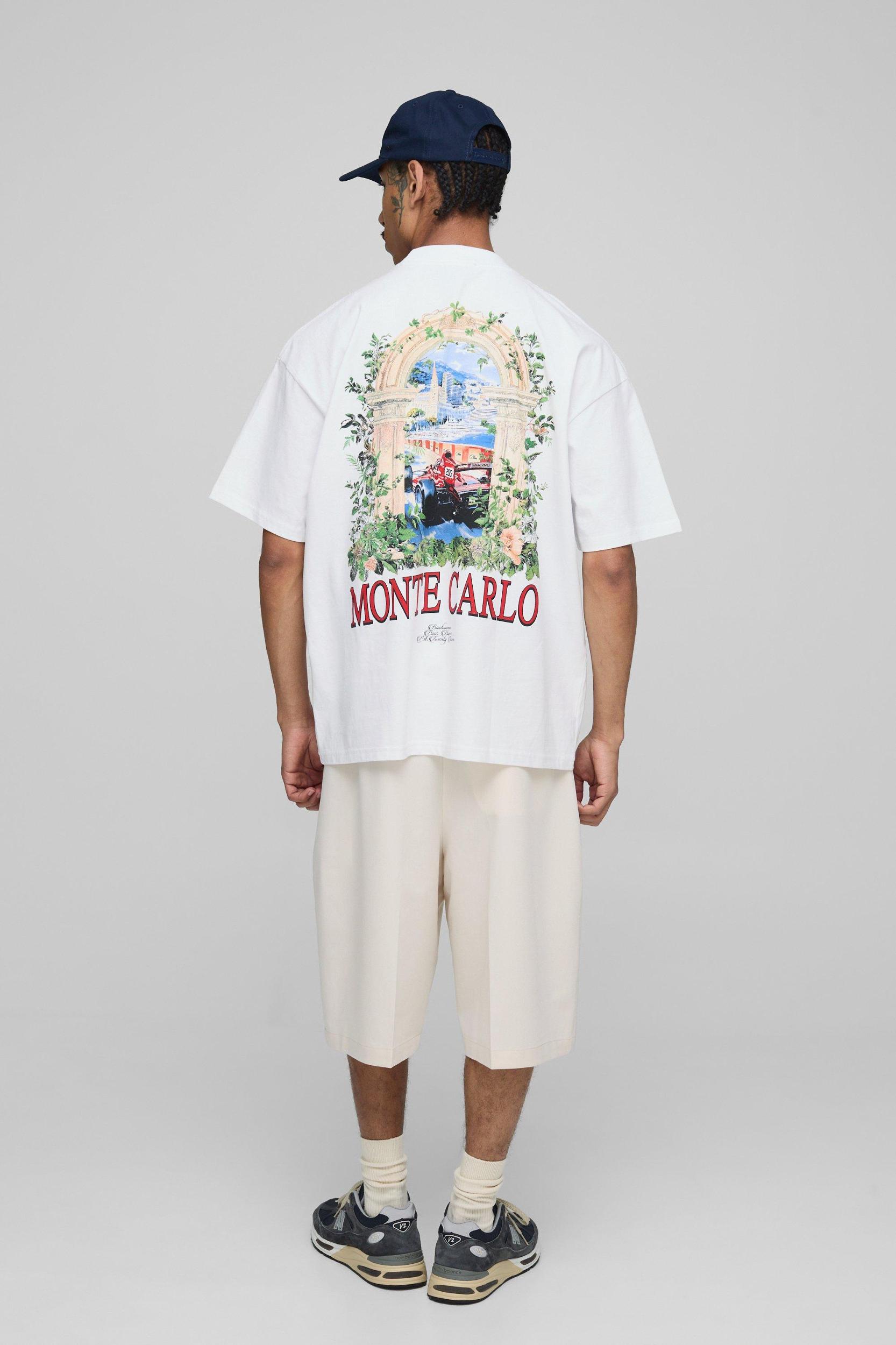 White Oversized Extended Neck Man Monte Carlo Printed T-Shirt | boohooMAN USA Product Image