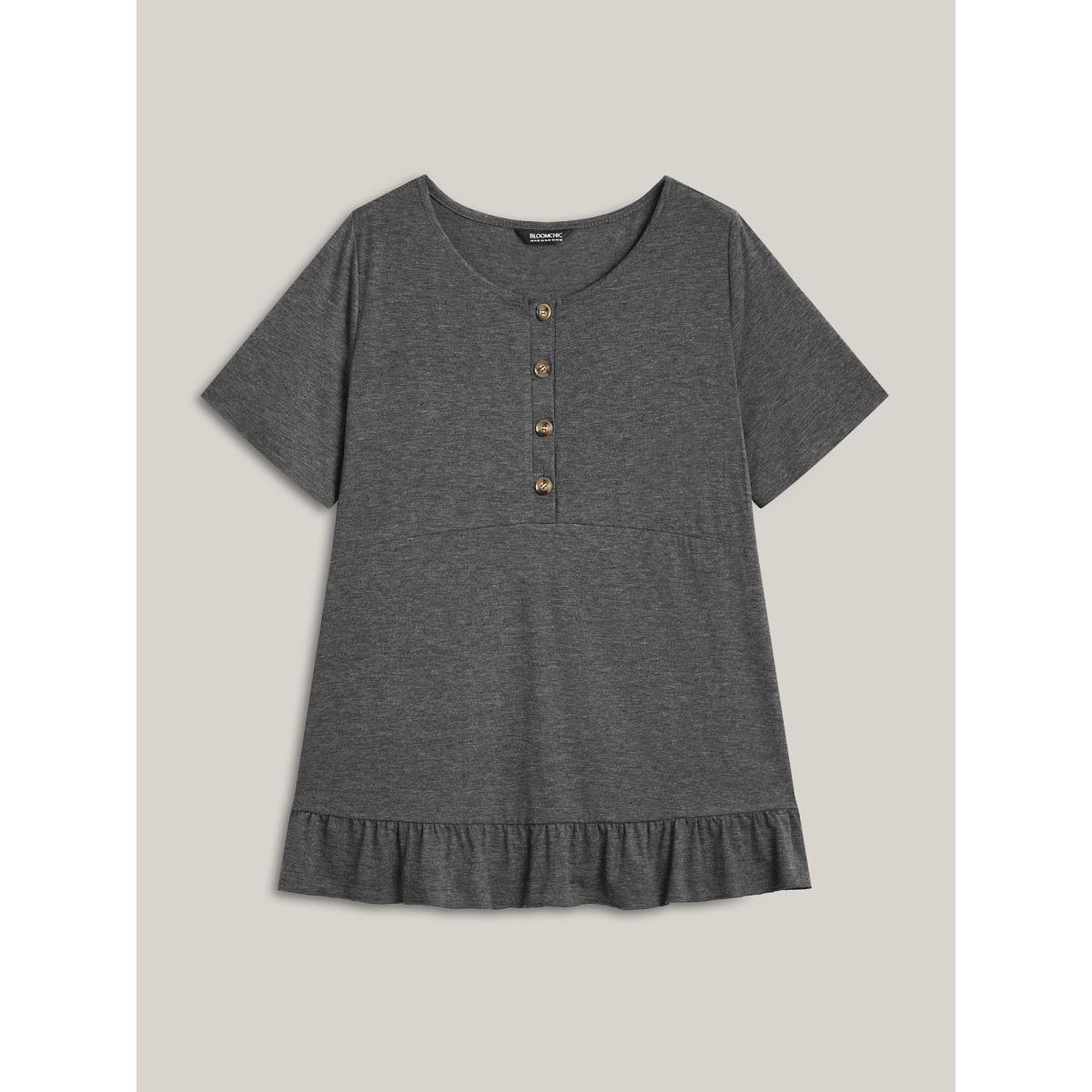 Plus Size Button Detail Ruffled Hem Babydoll T-Shirt DimGray Women Gathered Round Neck Everyday-Casual T-shirts BloomChic 28/5X Product Image