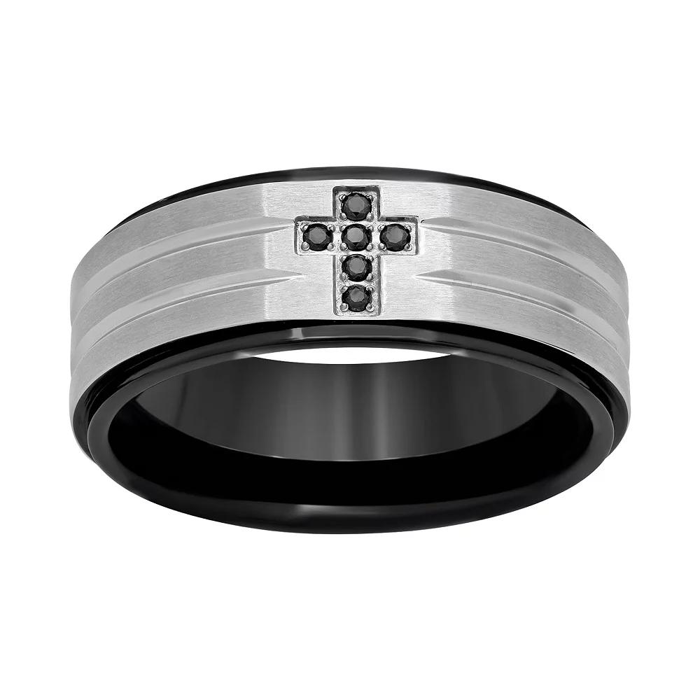 Black Diamond Accent Stainless Steel & Black Ion-Plated Stainless Steel Cross Grooved Band - Men, Men's, Size: 12.50 Product Image