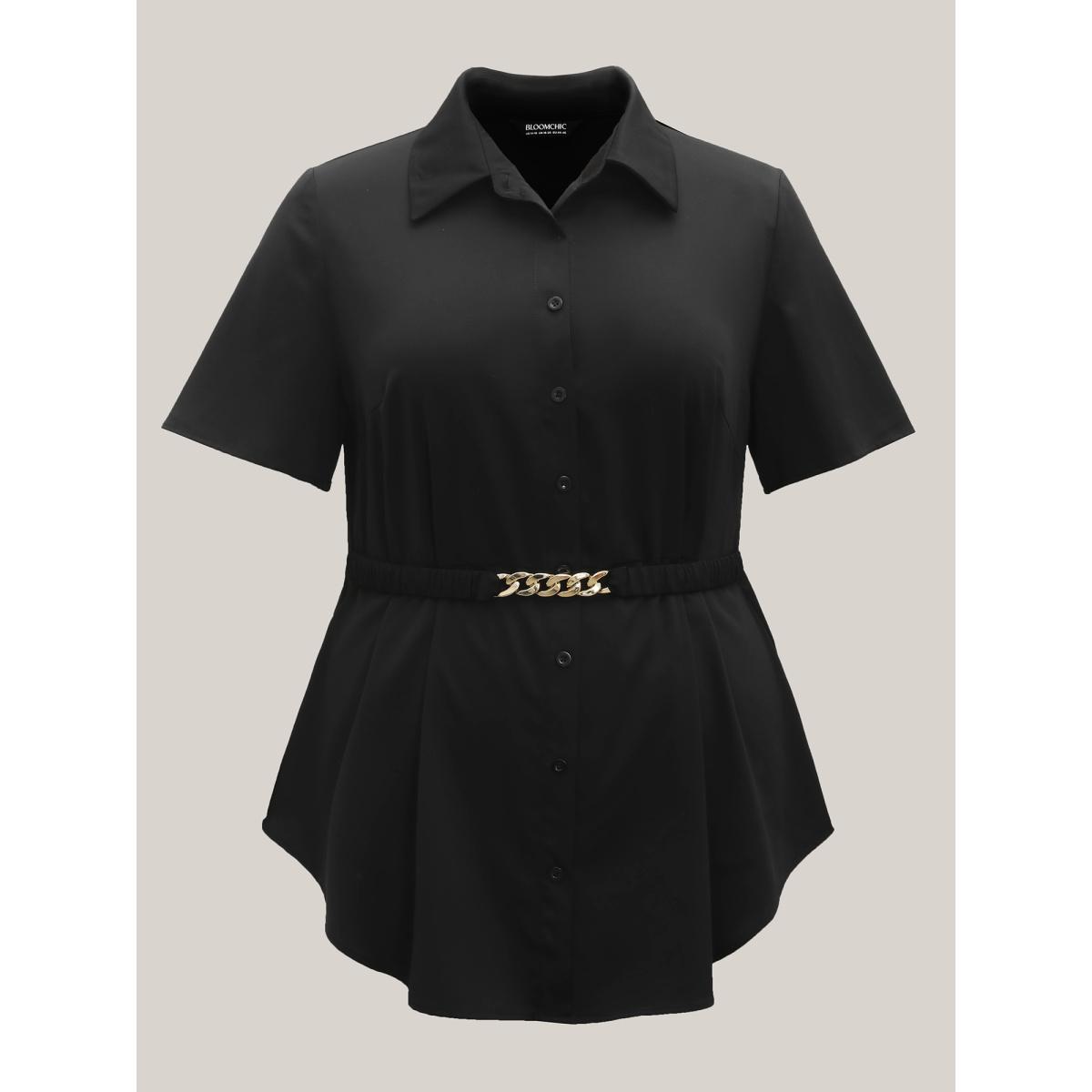 Plus Size Black Button Up Belted Collar Shirt Women At the Office Short sleeve Shirt collar Work Blouses BloomChic 10/M Product Image