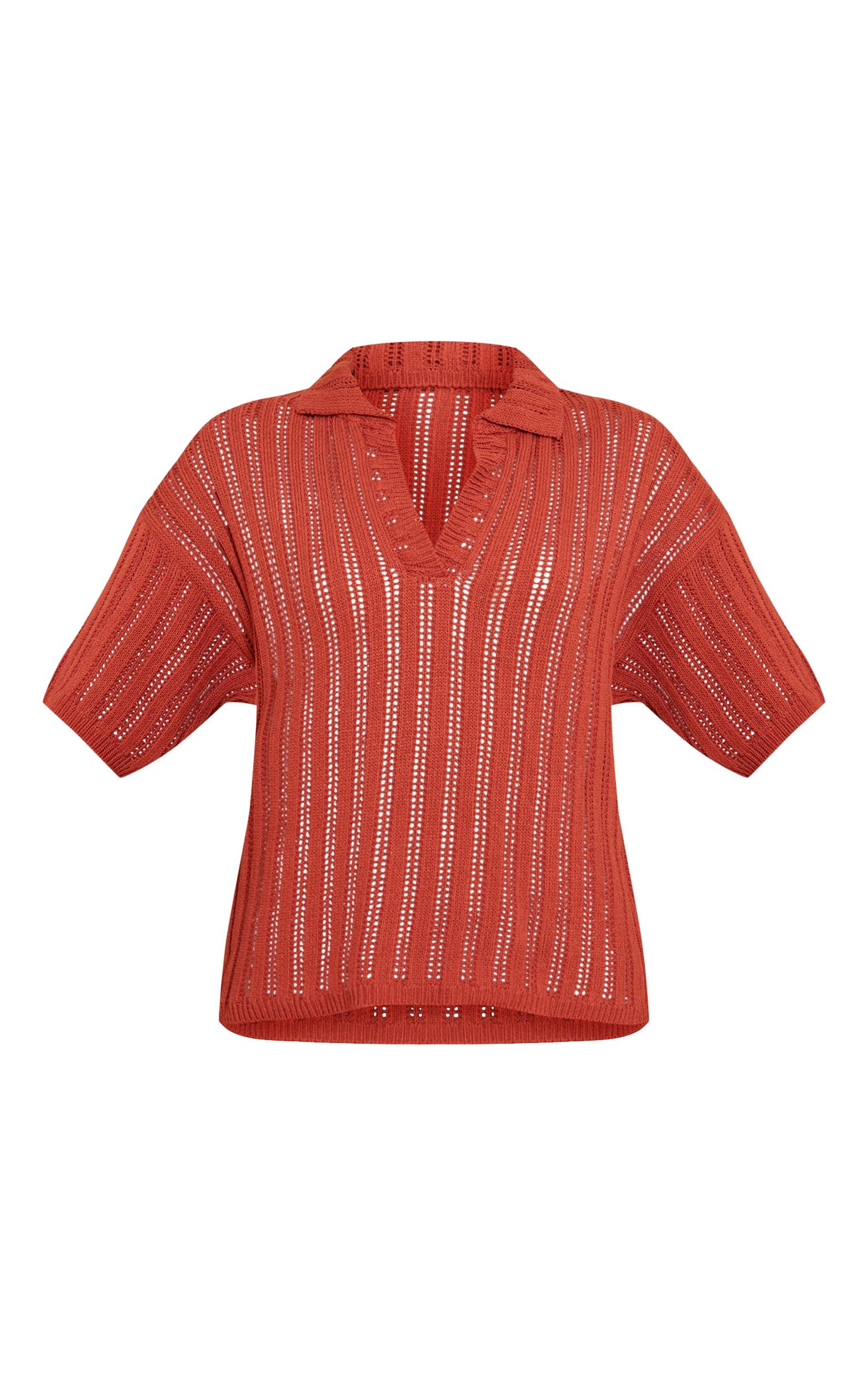  Rust Crochet Rugby Knit Top Product Image