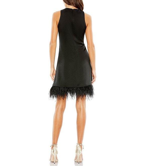 Mac Duggal Feather Trim Crew Neck Sleeveless Trapeze Mini Dress Product Image