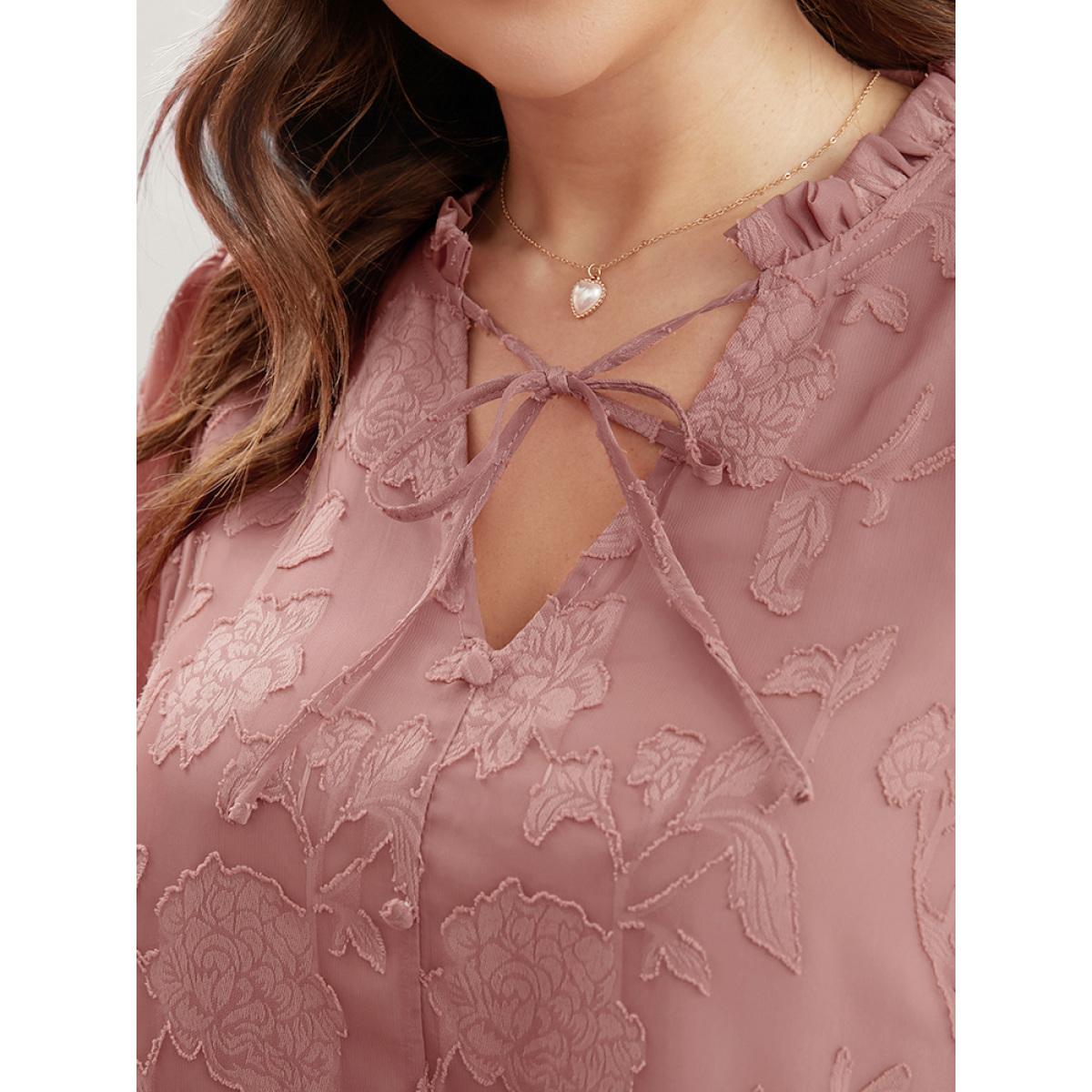 Plus Size DustyPink Floral Print Tie Neck Frill Trim Lantern Sleeve Blouse Women Glamour Long Sleeve V-neck Dailywear Blouses BloomChic 10/M Product Image