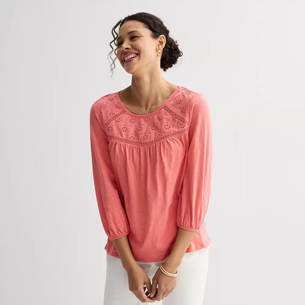 Women's Croft & Barrow® Three-Quarter Sleeve Eyelet Yoke Top, Size: Small, Blue Product Image