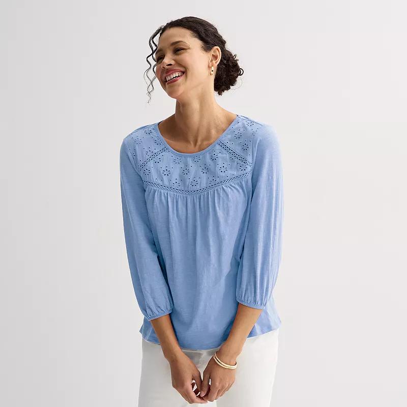 Women's Croft & Barrow® Three-Quarter Sleeve Eyelet Yoke Top, Size: Small, Blue Product Image