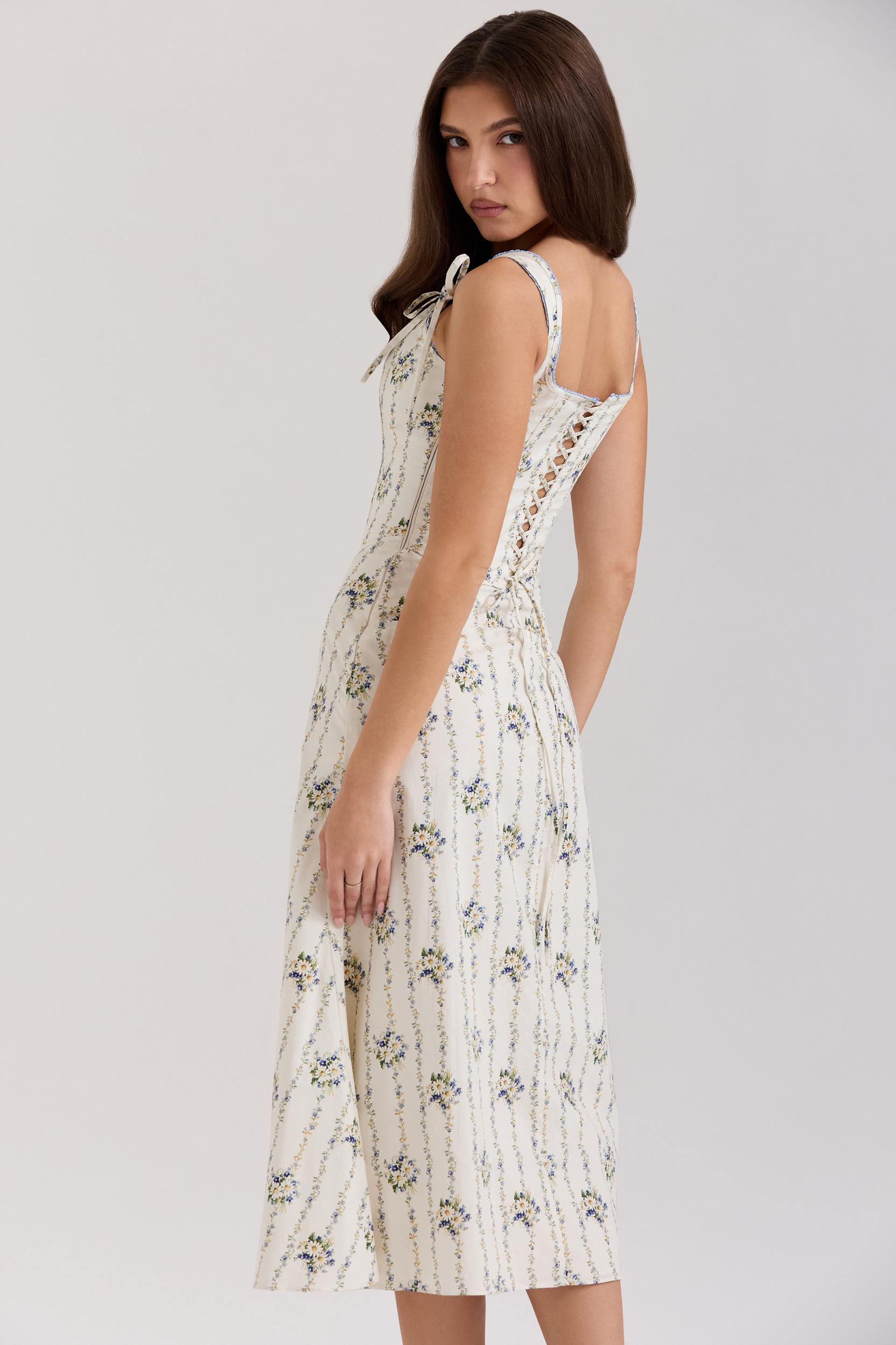 Dionne  cream daisy print stretch cotton midi dress Product Image