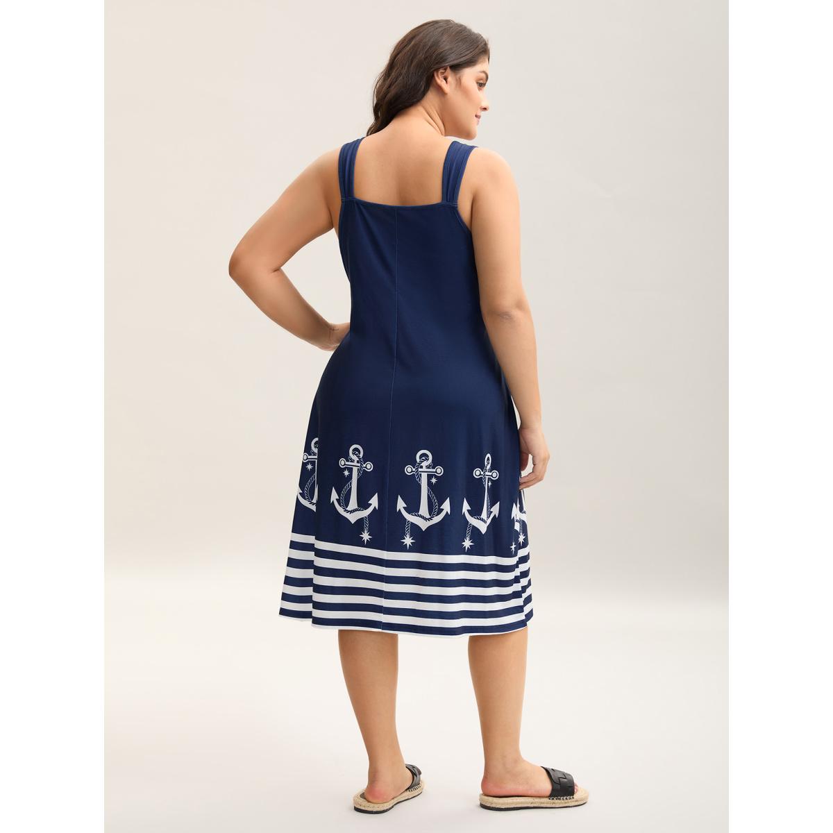 Plus Size Nautical Print Sleeveless Buckle Midi Dress Navy Women Resort V-neck Sleeveless Curvy BloomChic 30/6X Product Image