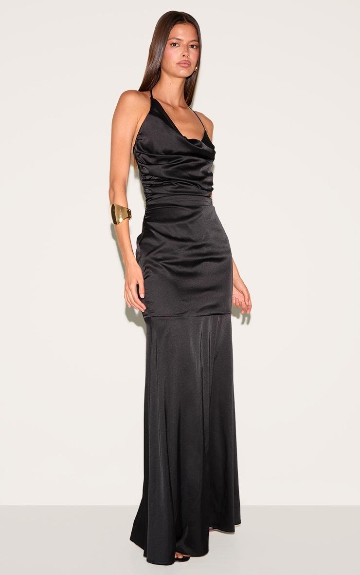 Black Satin Asymetric Drape Maxi Dress Product Image