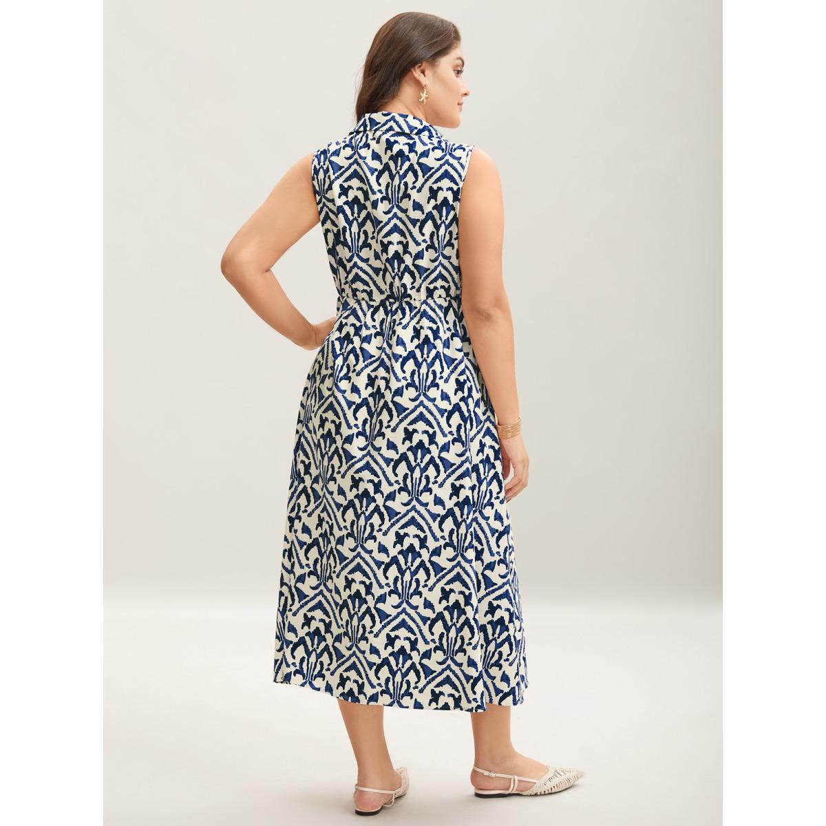 Plus Size Spring Abstract Print Shirt Collar Midi Dress Navy Women Shirt collar Sleeveless Curvy BloomChic 10/M Product Image