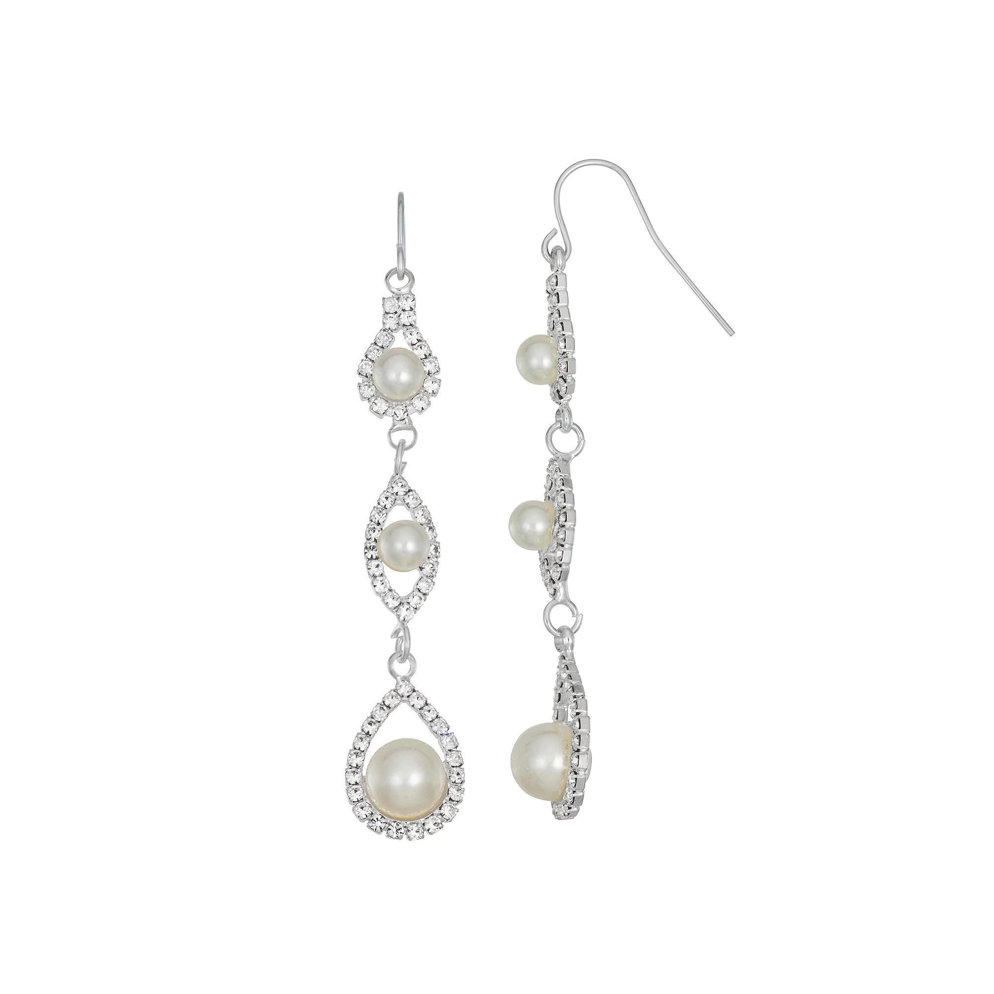 Vieste Graduated Simulated Pearl & Simulated Crystal Linear Drop Earring, Women's, Silver Tone Product Image