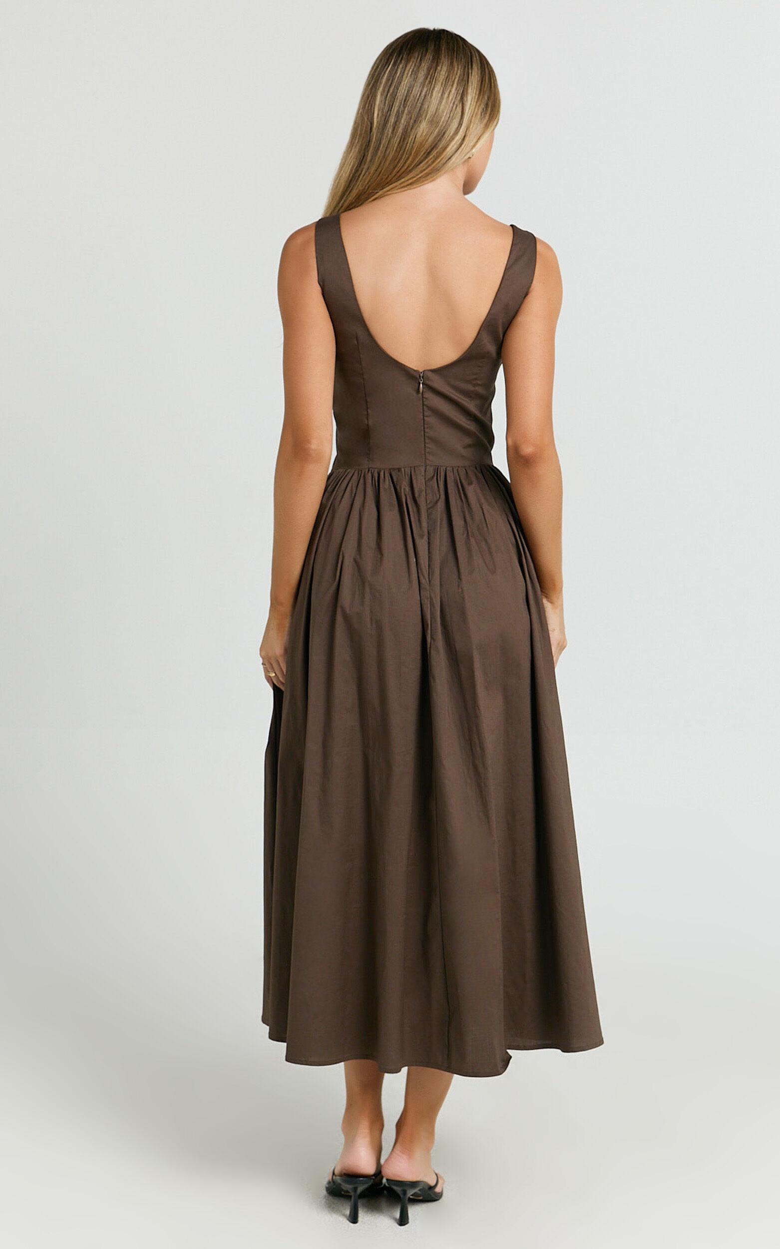 Beckett Midi Dress - Scoop Neck Drop V Waist Gathered Skirt Dress in Dark Chocolate Product Image