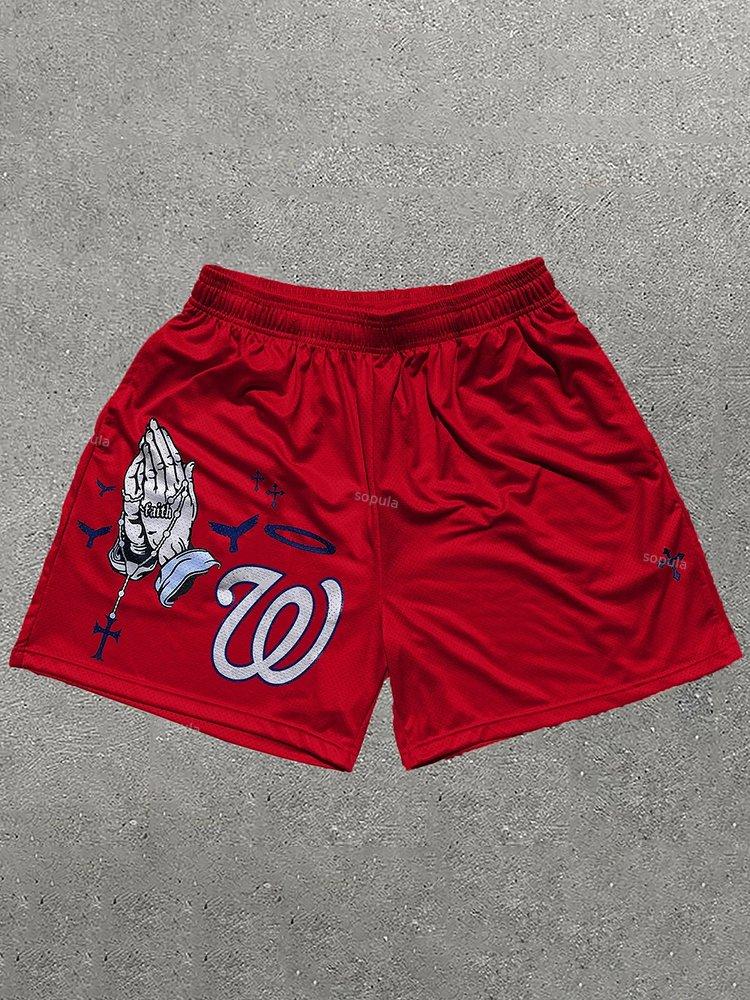 Sopula Praying Hands Print Graphic Men's Red Mesh Shorts Product Image