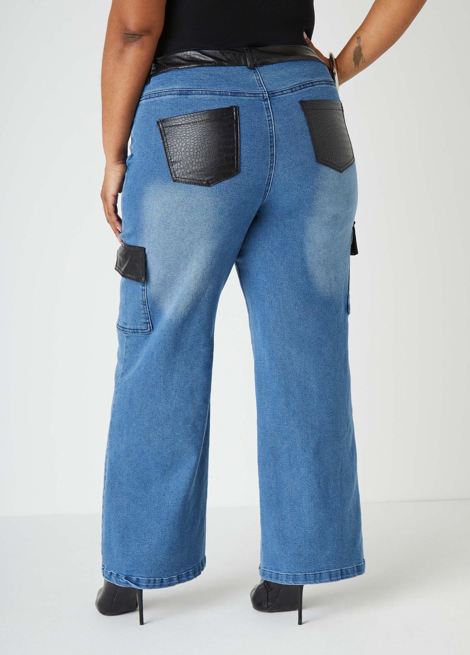 Faux Leather Paneled Cargo Jeans Product Image