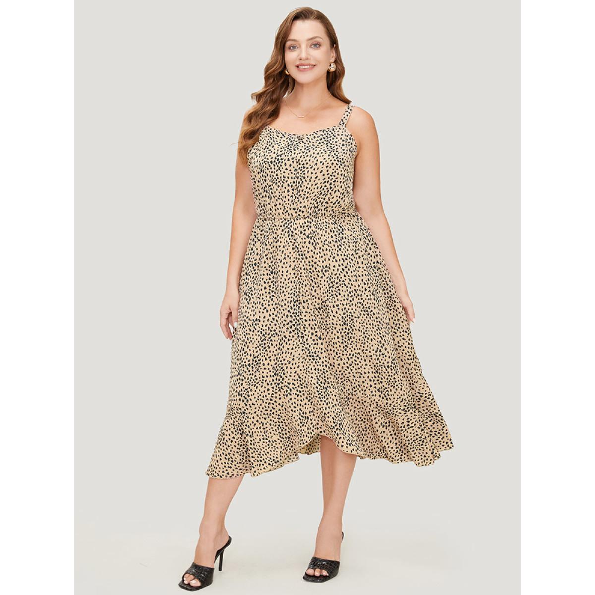 Plus Size Leopard Print Flutter Hem Pocket Adjustable Straps Cami Dress Multicolor Women Elegant Adjustable Straps V-neck Sleeveless Curvy Midi Dress BloomChic 28/5X Product Image