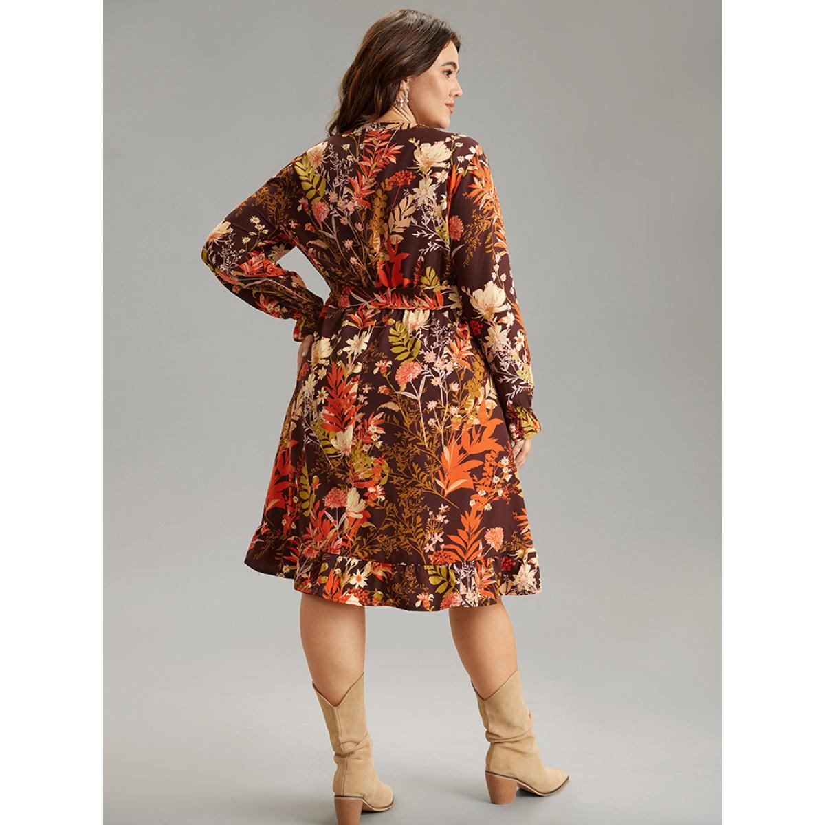 Plus Size Floral Belted Notched Lantern Sleeve Ruffles Dress Burgundy Women Casual Belted Notched collar Long Sleeve Curvy Midi Dress BloomChic 30/6X Product Image