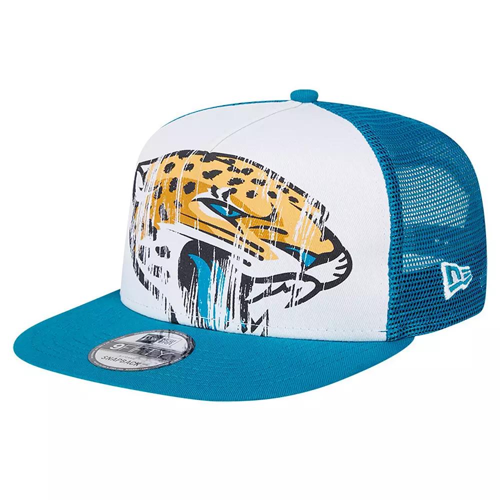 Men's New Era White/Teal Jacksonville Jaguars Distressed 9FIFTY A-Frame Snapback Hat Product Image
