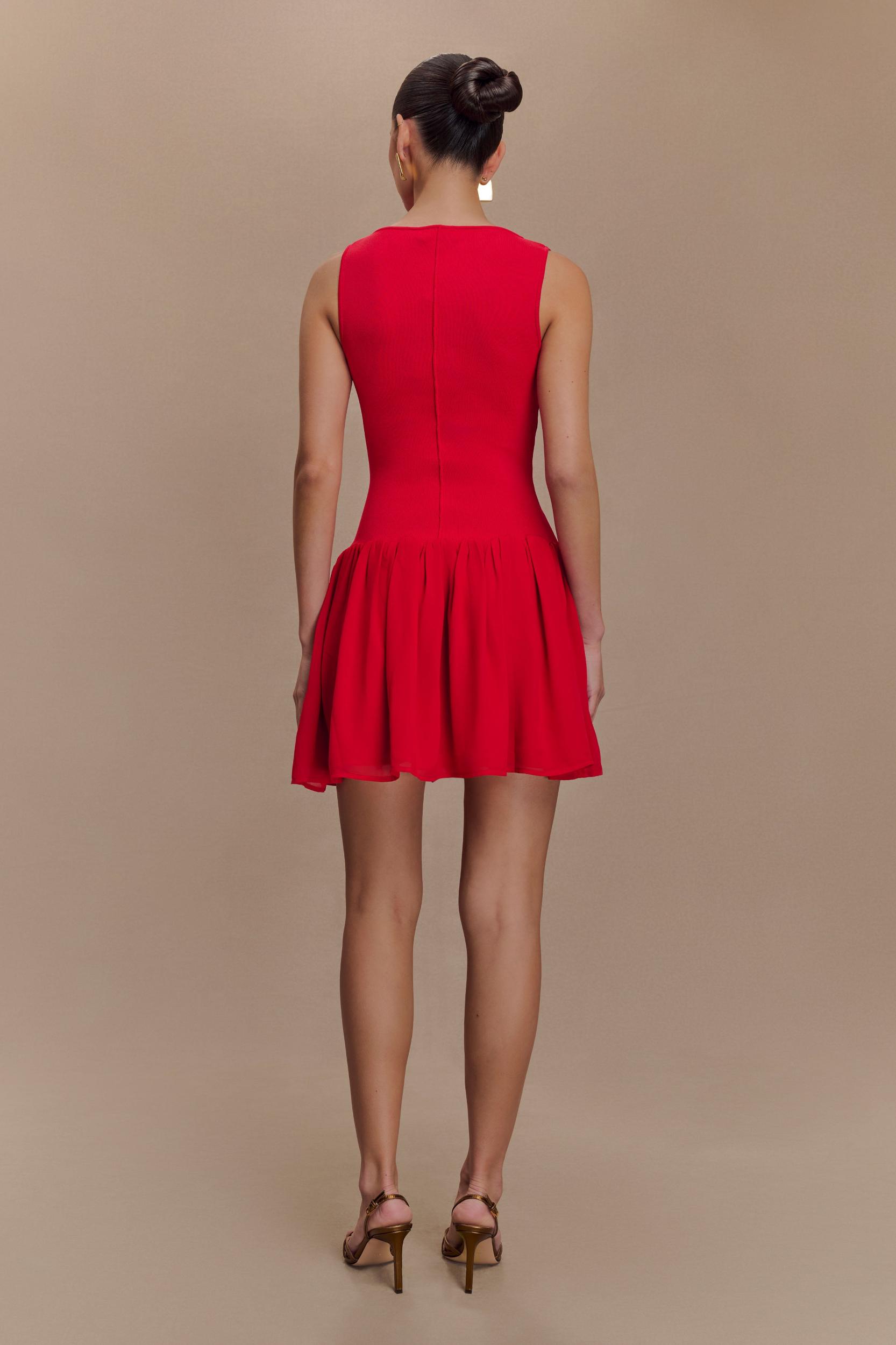 Ashleigh Knit And Chiffon Mini Dress - Red Product Image