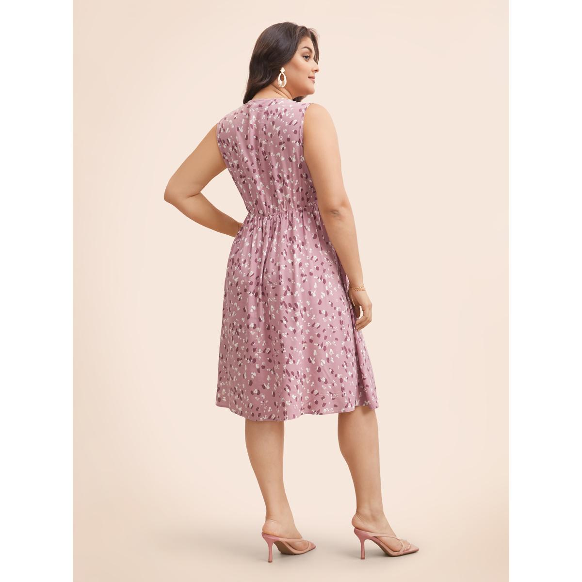 Plus Size Allover Print Pocket Flutter Crossover Ruched Tank Dress DustyPink Women Elegant Twist Round Neck Sleeveless Curvy Midi Dress BloomChic 10/M Product Image