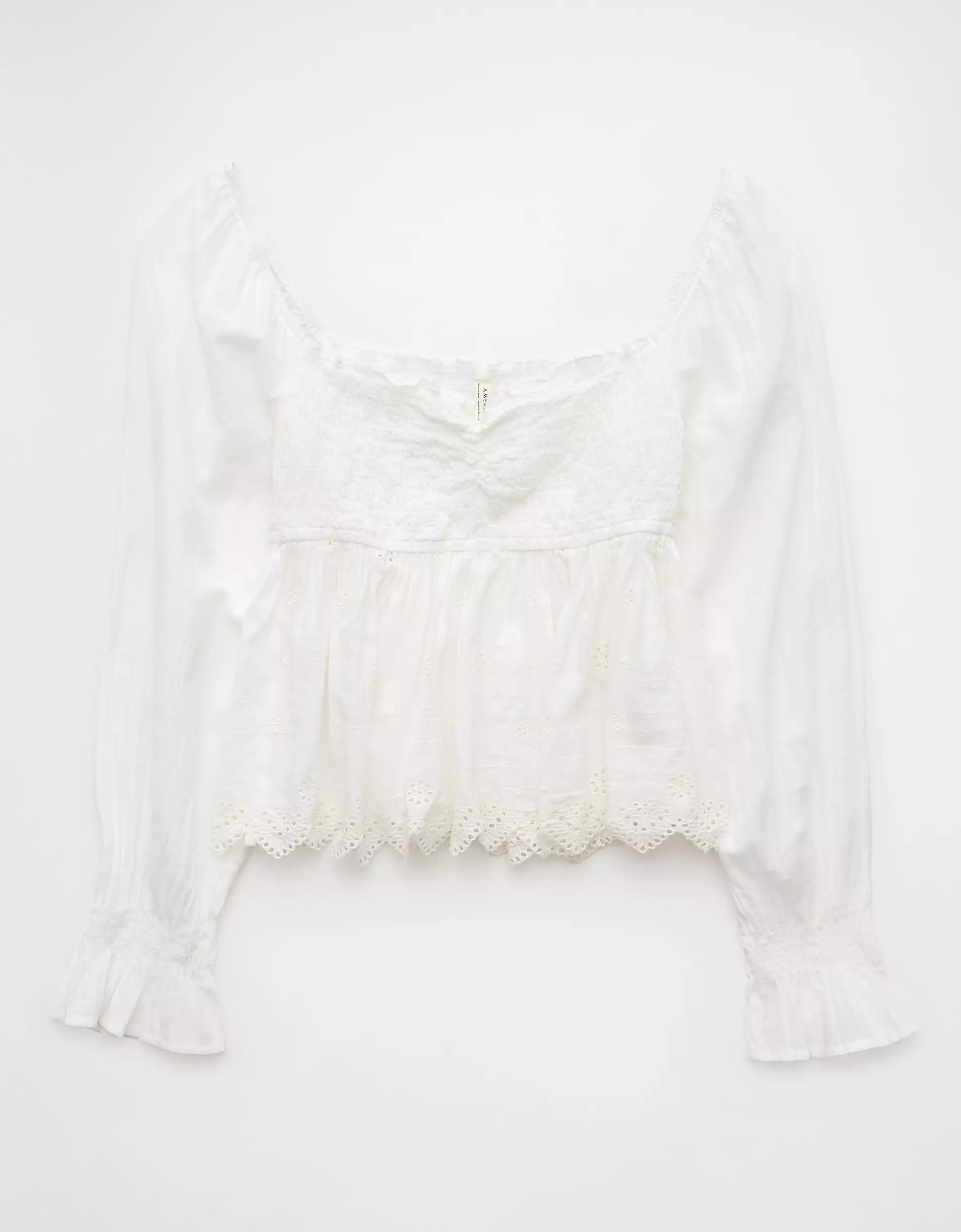 AE Long-Sleeve Smocked Babydoll Blouse Product Image