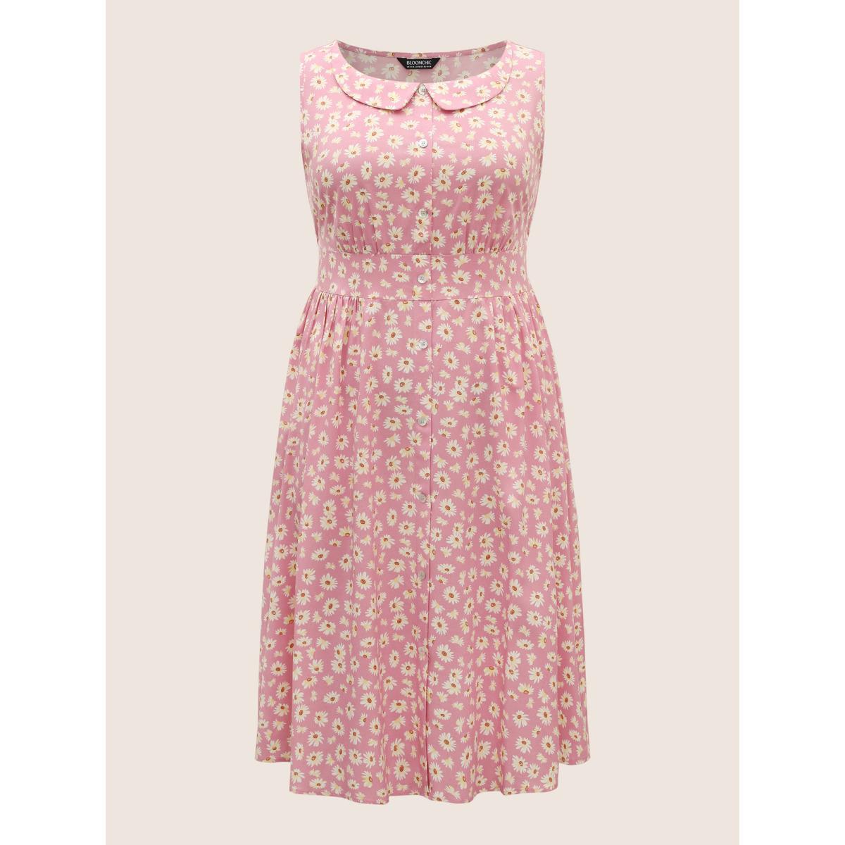 Plus Size Collared Daisy Midi Dress Blush Women Elegant Gathered Lapel Collar Sleeveless Curvy BloomChic 28/5X Product Image