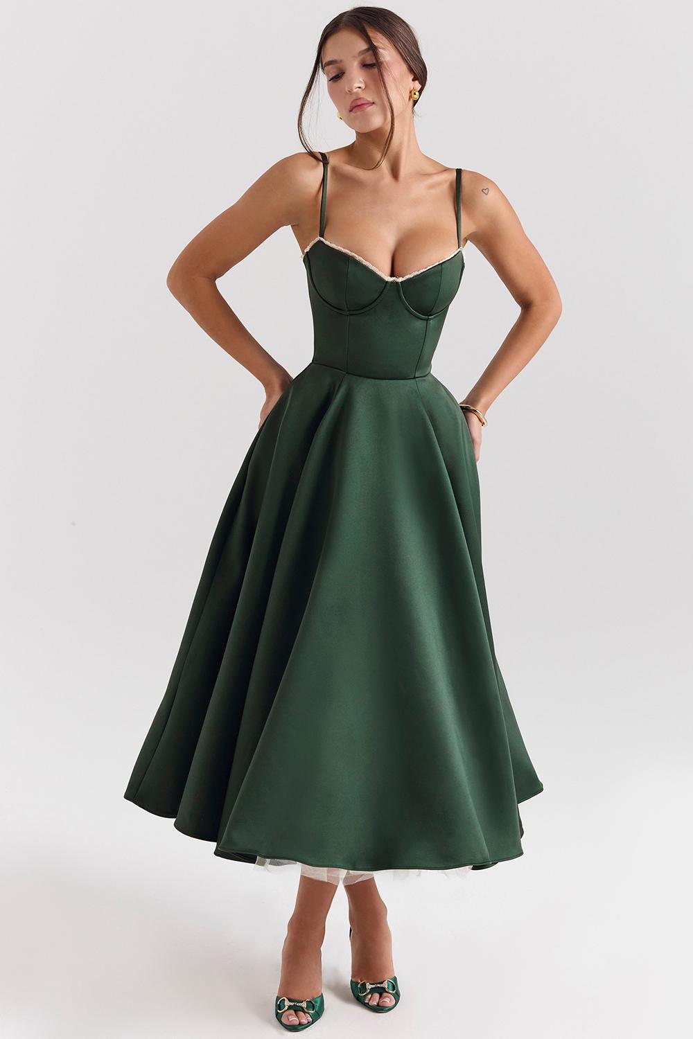 Mademoiselle  forest green satin tulle midi dress Product Image