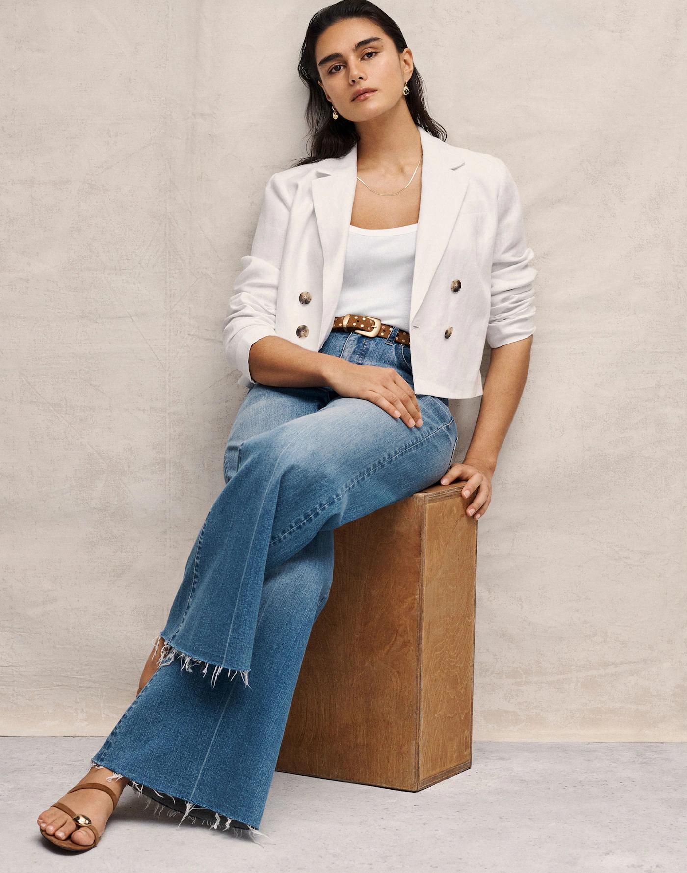 Double-Breasted Crop Blazer in 100% Linen Product Image