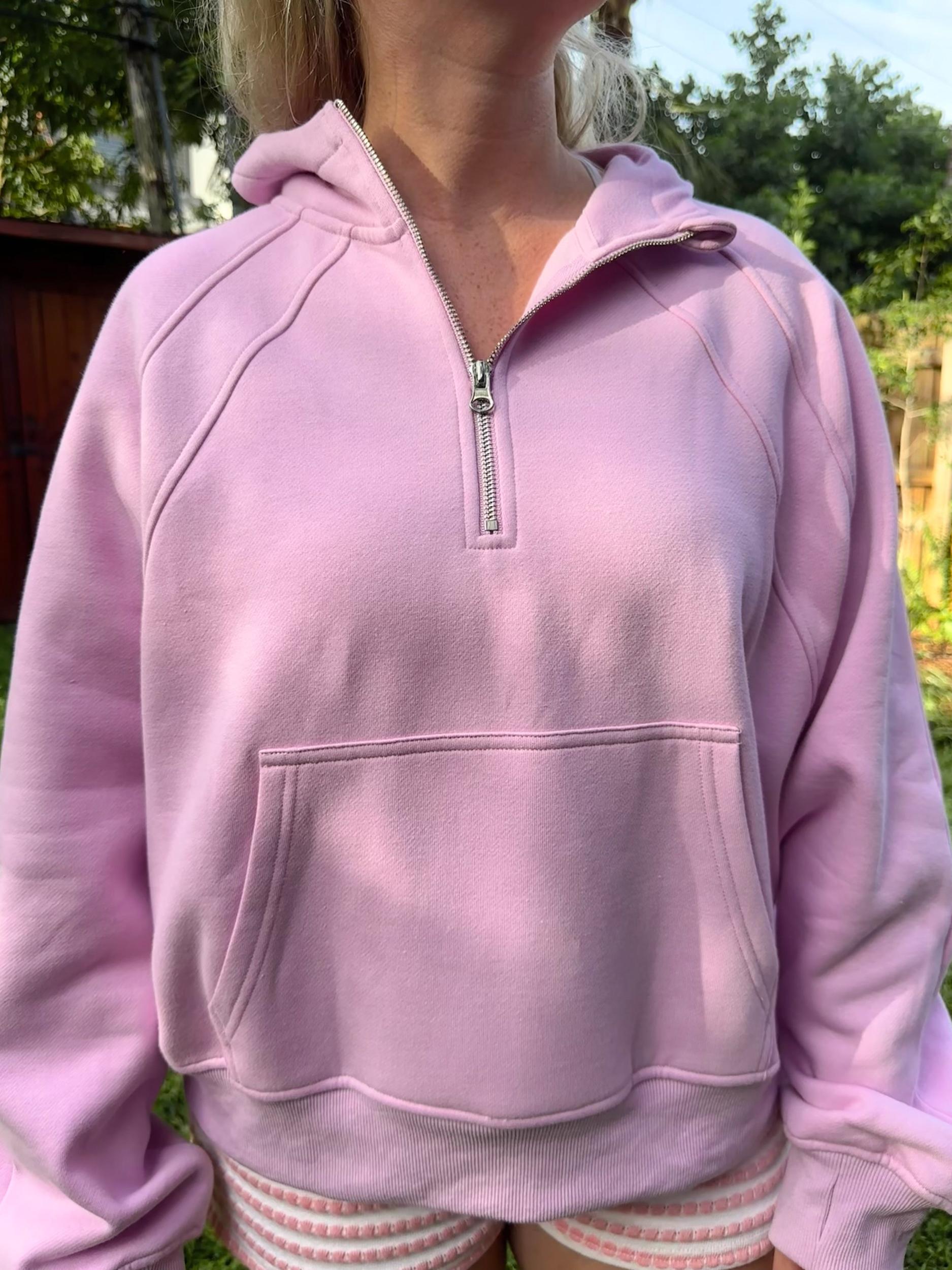 Pink Lavender  Pilates Detailed Waist Length Quarter Zip Hoodie Product Image