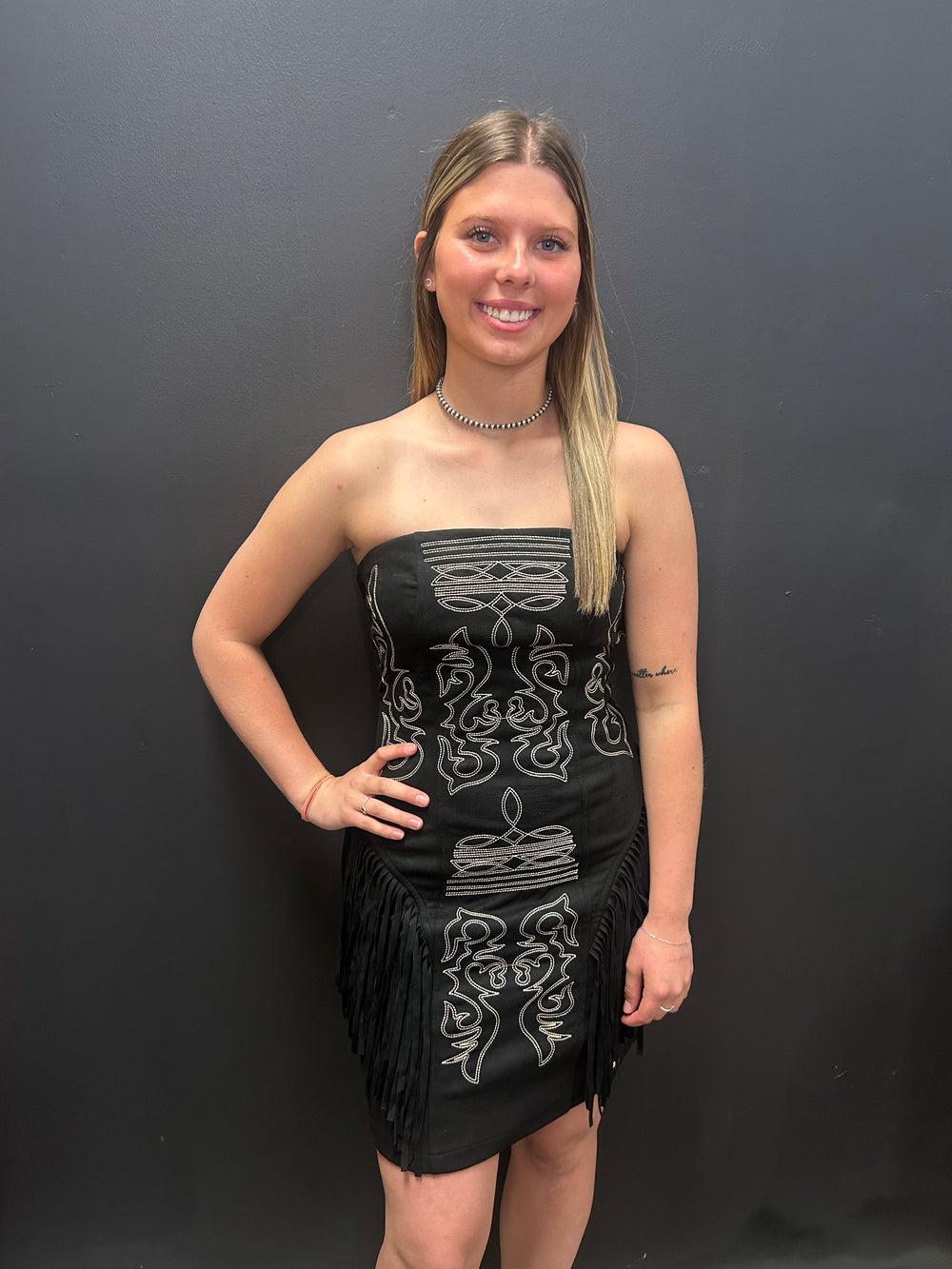 Black Suede Boot Stitch Embroidered Fringe Dress Product Image