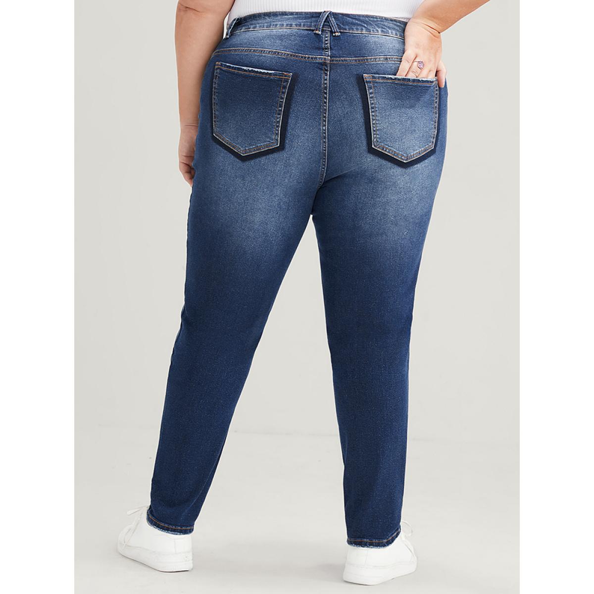 Plus Size Mom Jeans Straight Very Stretchy High Rise Medium Wash Contrast Jeans Women DarkBlue Casual Plain High stretch Slanted pocket Jeans BloomChic 20/2X Product Image