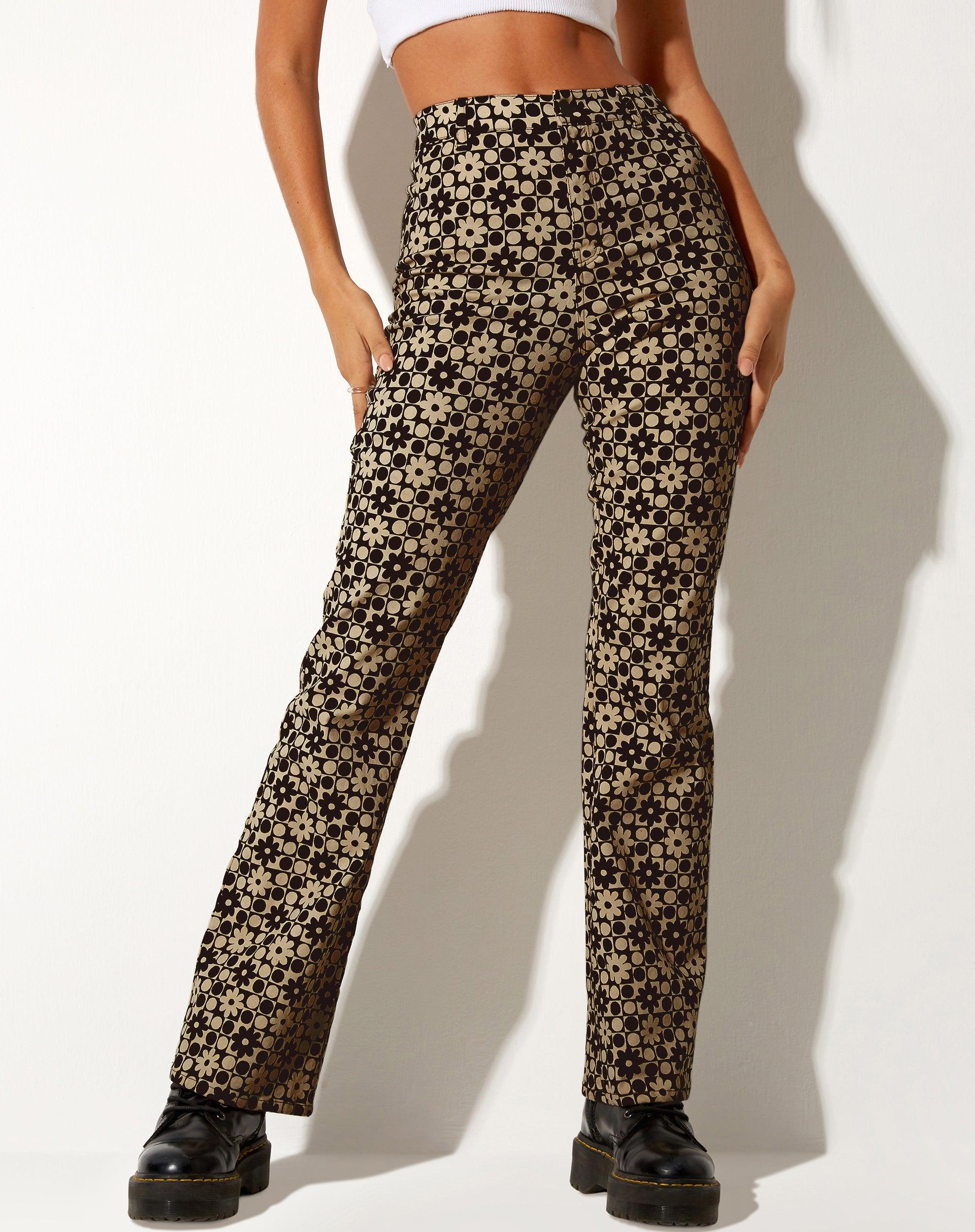Zoven Flare Trouser in Patchwork Daisy Brown Product Image