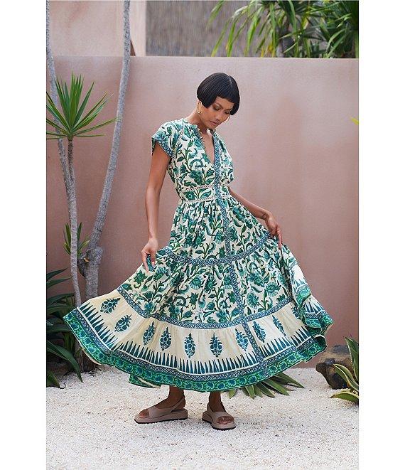 Mo Maya Mojo Printed V-Neck Short Sleeve Flare Midi Dress Product Image