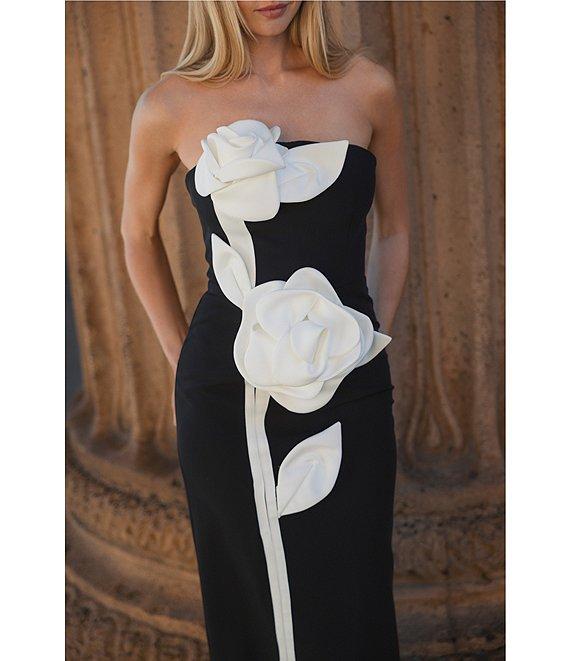 Mac Duggal Strapless 3D Satin Flowers Crepe Sheath Ankle Midi Dress Product Image