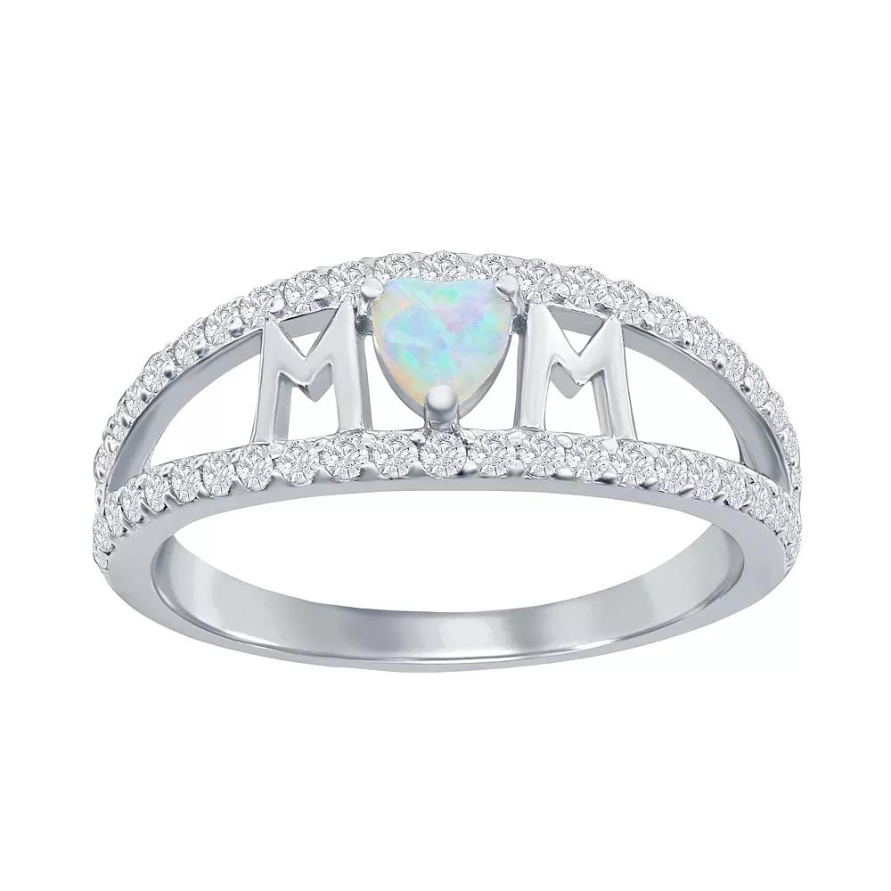Sterling Silver Opal & Cubic Zirconia MOM Ring, Womens White Product Image