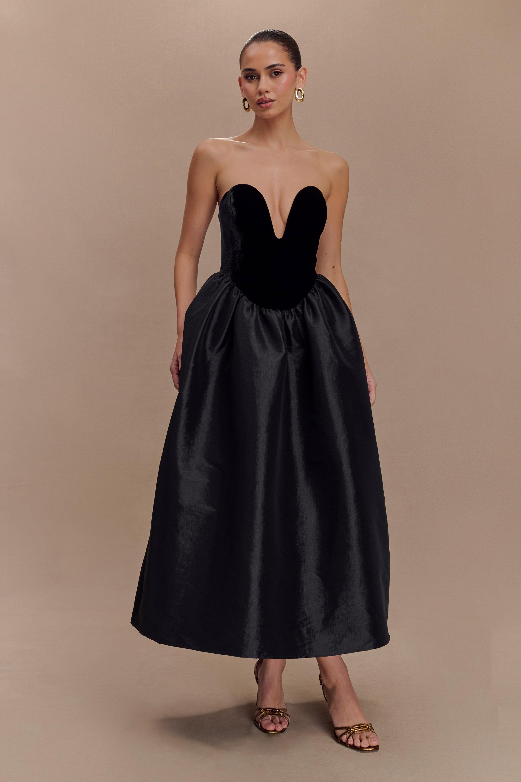 Flora Strapless Velvet Midi Dress - Black Product Image